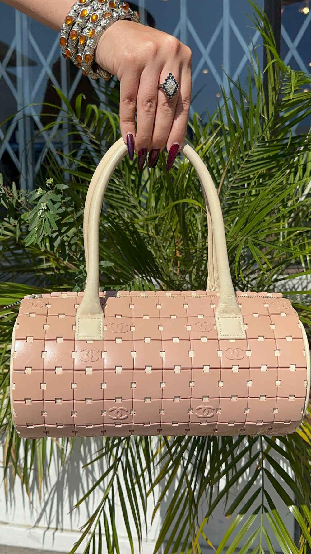 PINK LUCITE PUZZLE MINI BARREL BAG