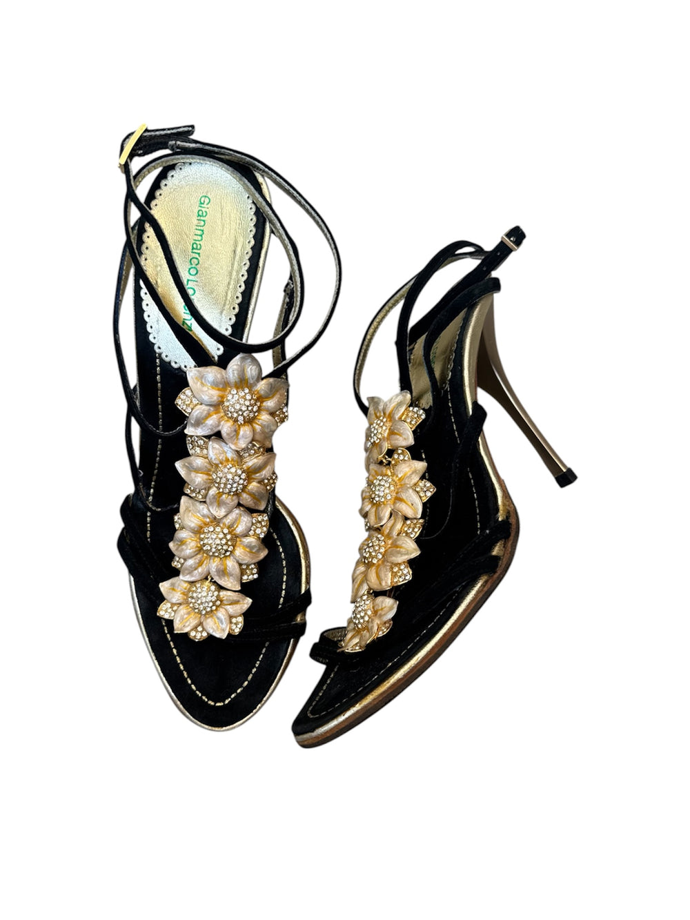 GOLD & RHINESTONE FLORAL ENAMEL STRAPPY HEELS