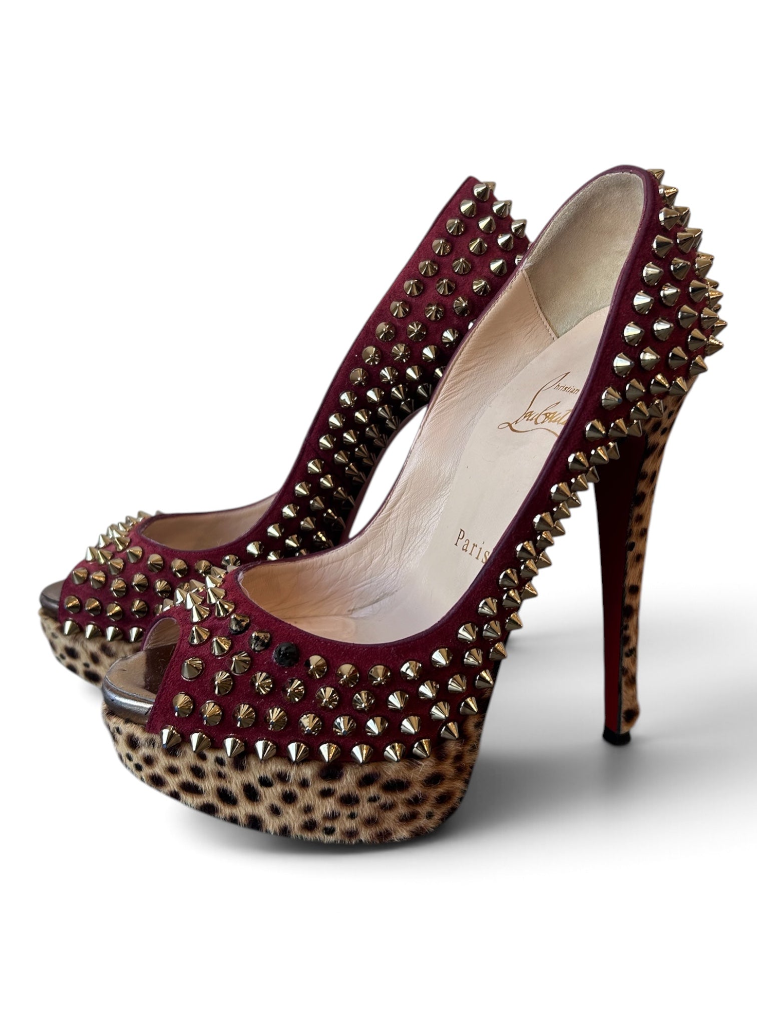 RED AND CHEETAH CALF HAIR SPIKED PUMPS @SM