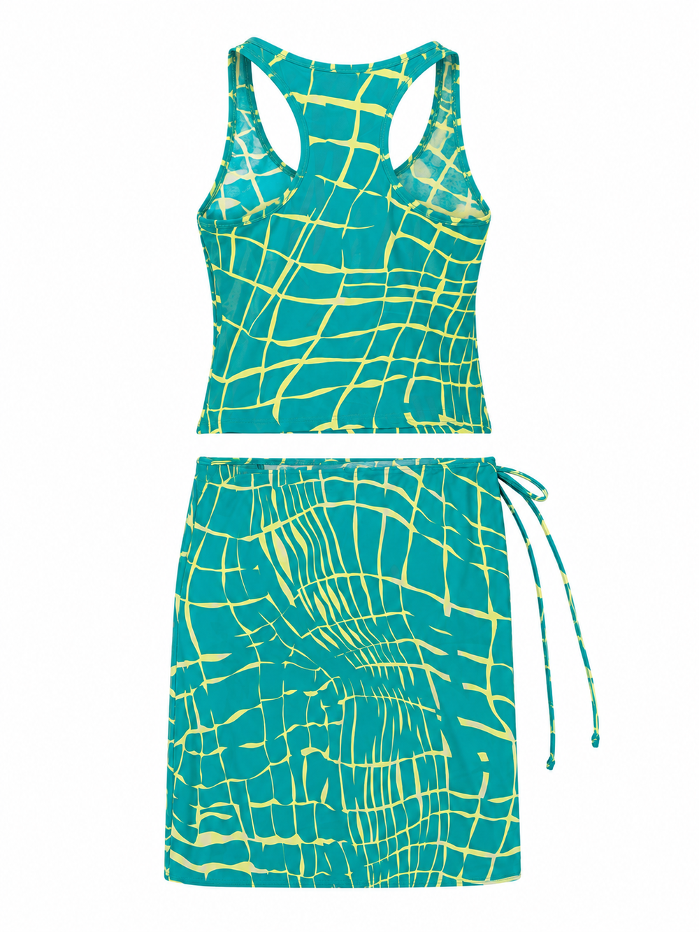 90S TEAL/YELLOW ABSTRACT TANKINI/WRAP SKIRT (NWT)