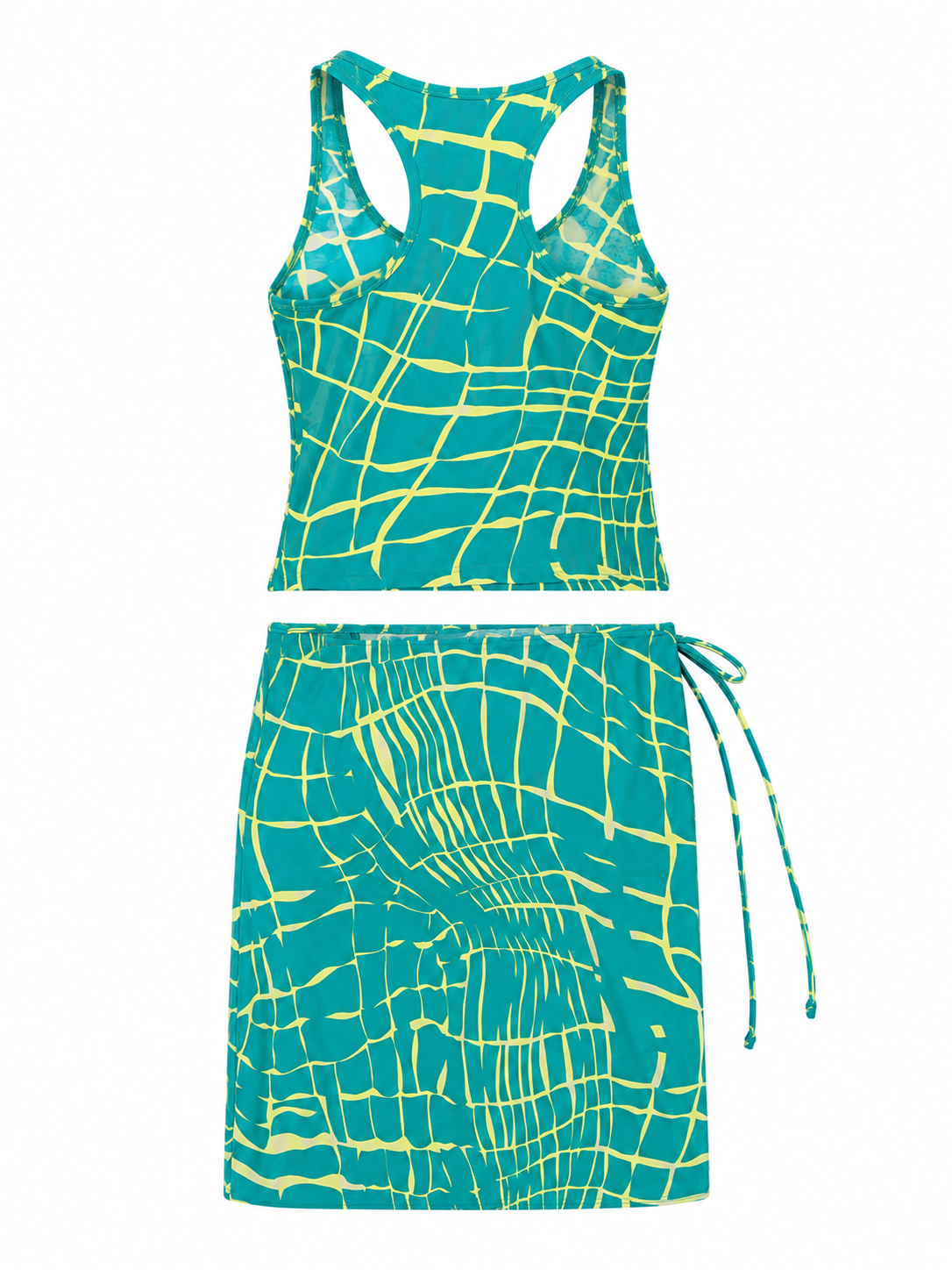 90S TEAL/YELLOW ABSTRACT TANKINI/WRAP SKIRT (NWT)