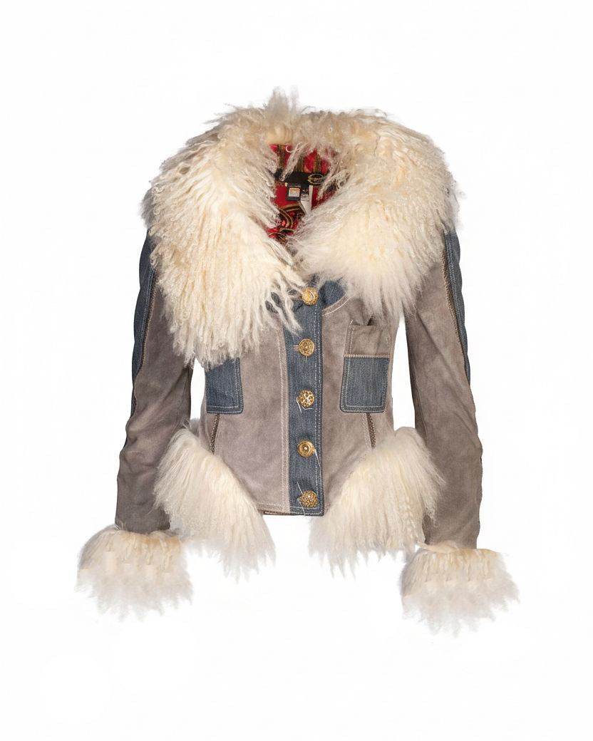 Denim Suede and Mongolian Fur Jacket