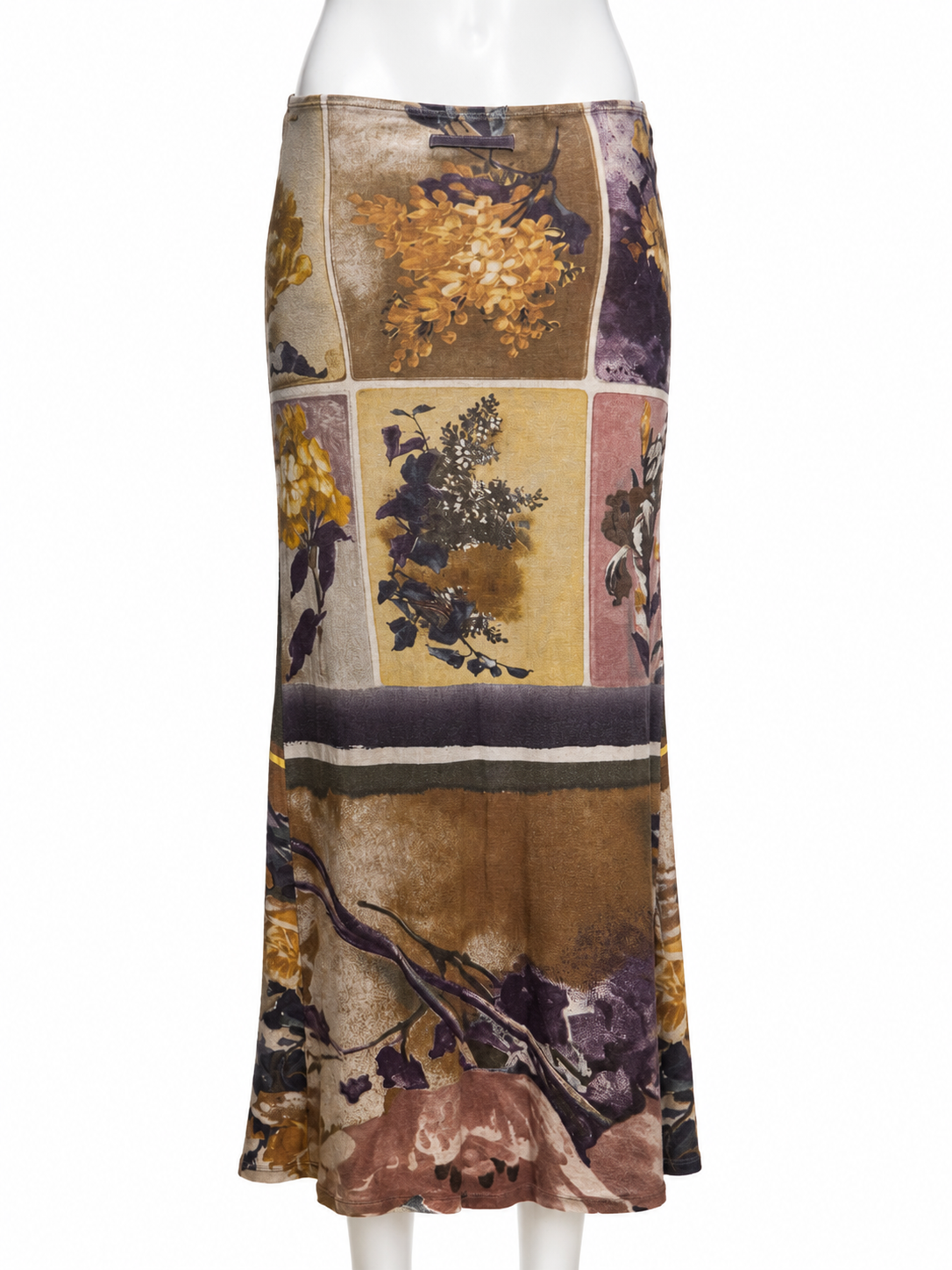 90S BROWN TONE FLORAL COTTON STRETCHY MAXI SKIRT
