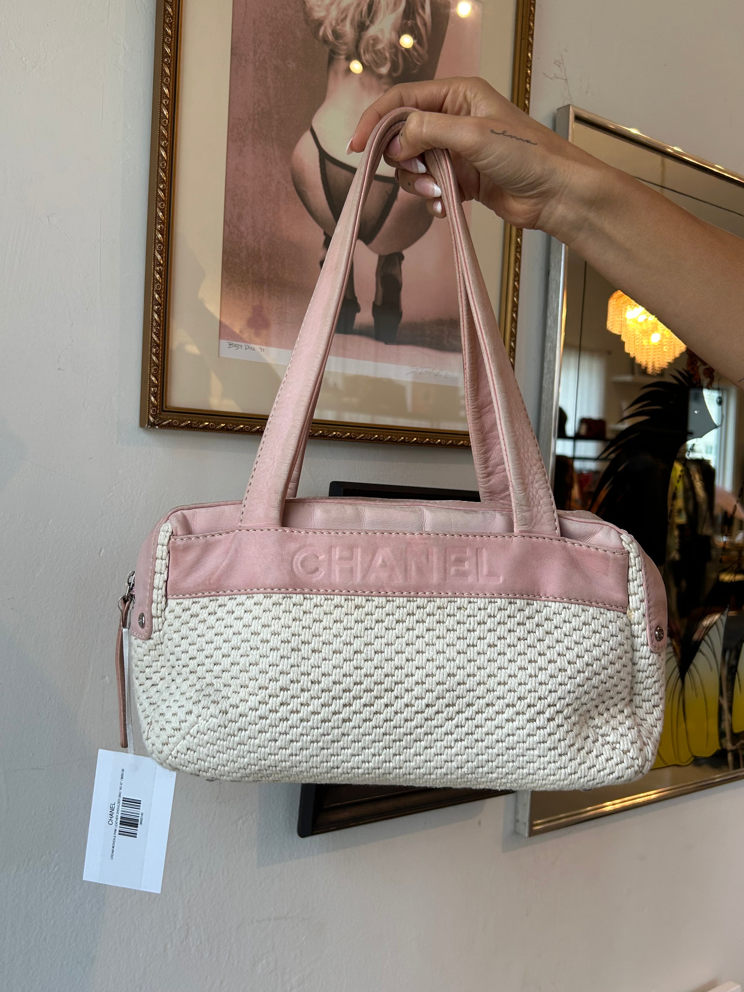 CREAM WOVEN & PINK LEATHER SHOULDER BAG *AS IS*