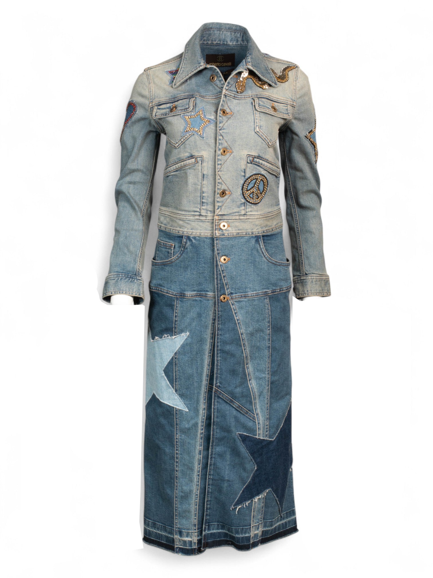 DENIM PEACE & LOVE FLOOR LENGTH PATCH JACKET