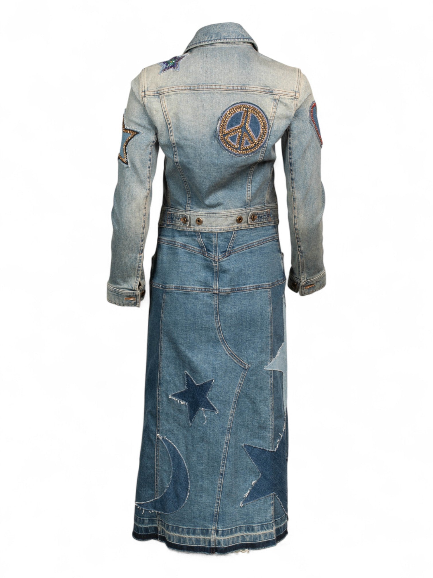 DENIM PEACE & LOVE FLOOR LENGTH PATCH JACKET