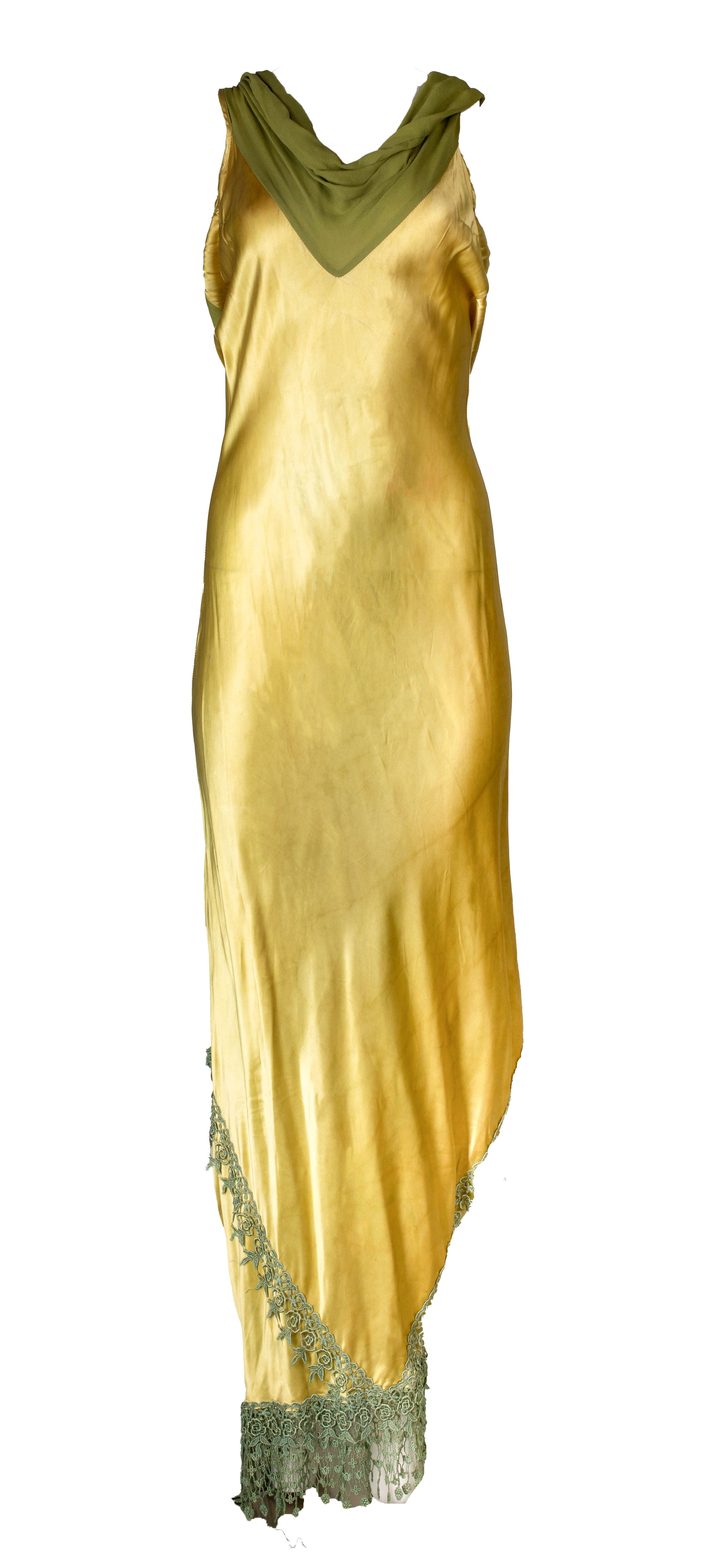 CHARTREUSE SILK MAXI DRESS WITH CROCHET TRIM