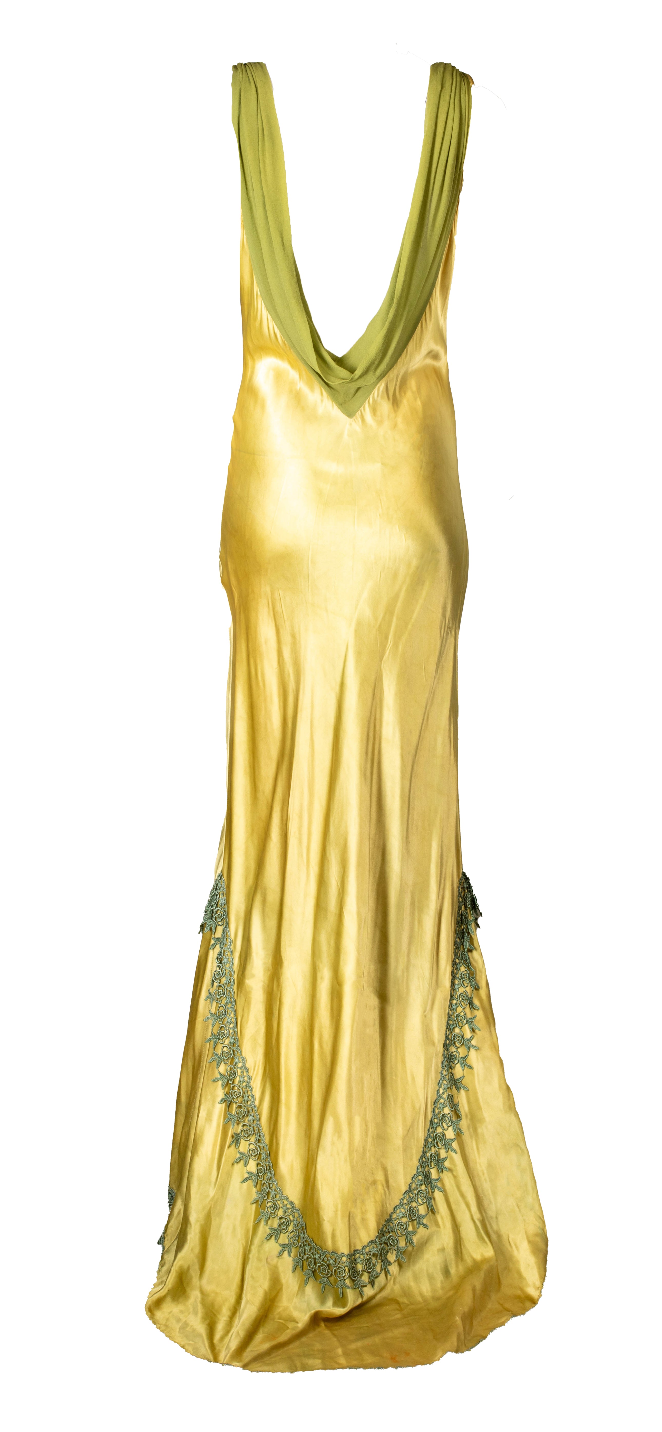 CHARTREUSE SILK MAXI DRESS WITH CROCHET TRIM