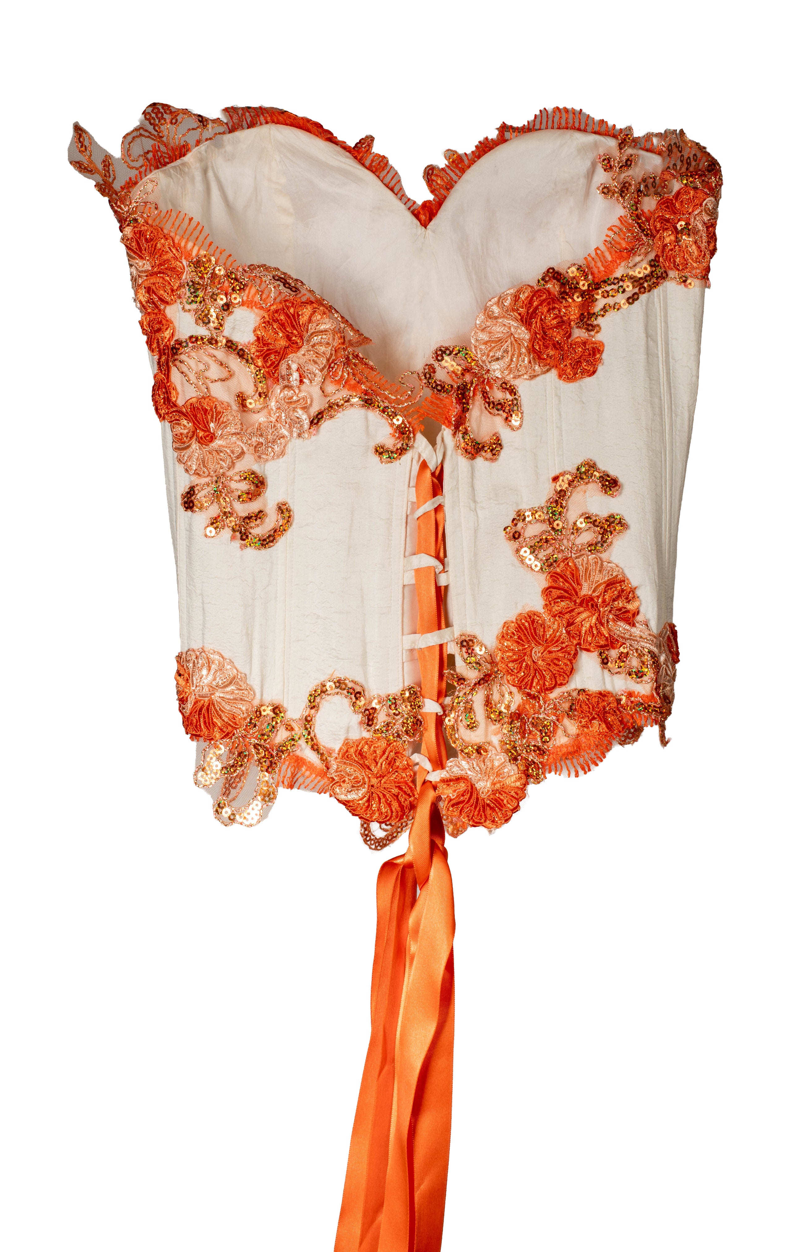 90S ORANGE & WHITE SEQUIN LACE CORSET TOP