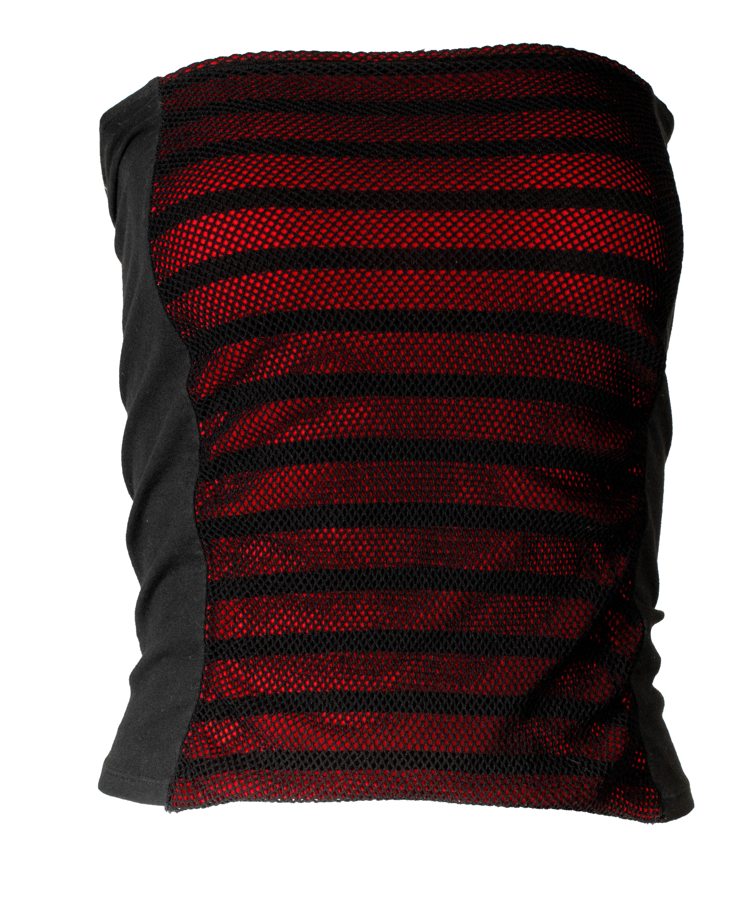 90S BLACK & RED STRIPED TUBE TOP W/ MESH OVERLAY