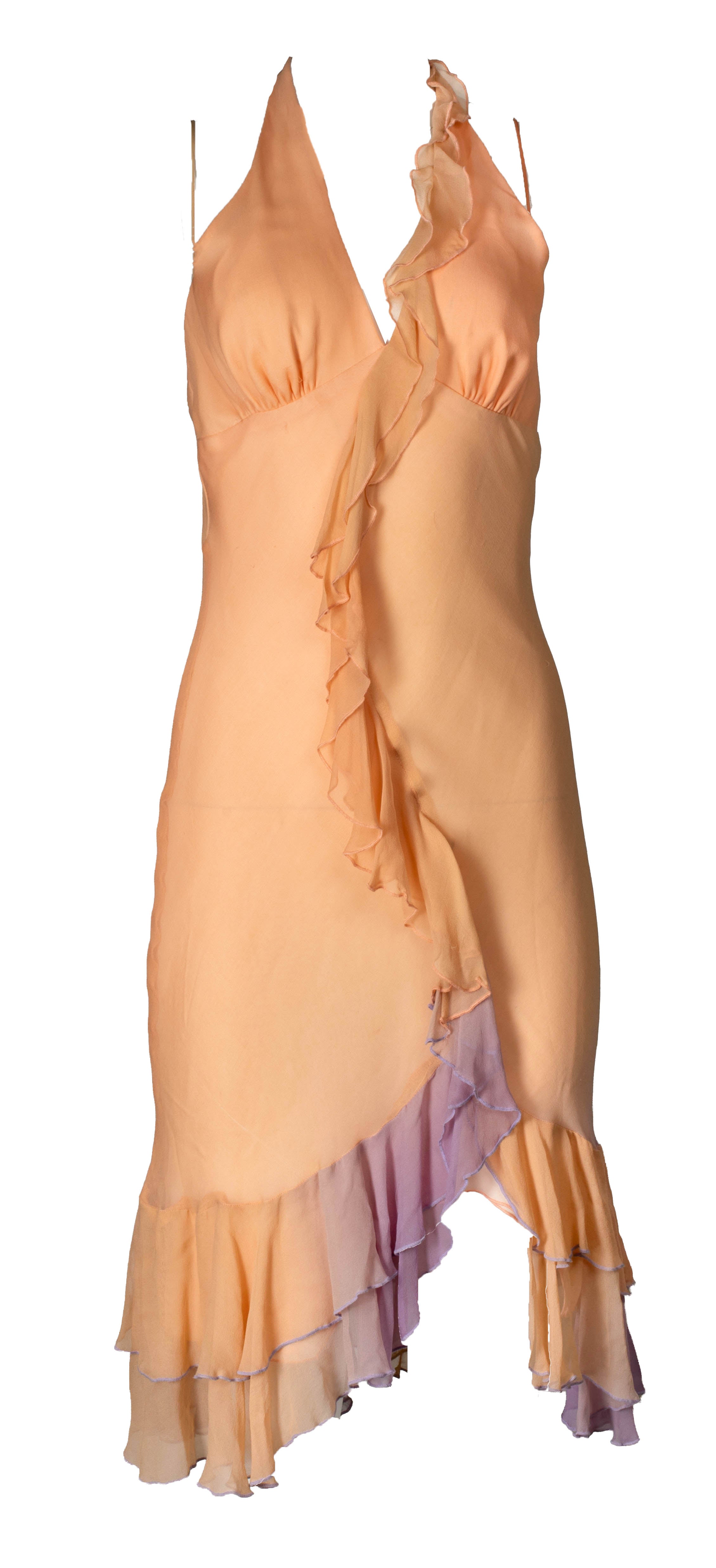 LIGHT PEACH AND LAVENDER SILK RUFFLED HALTER DRESS