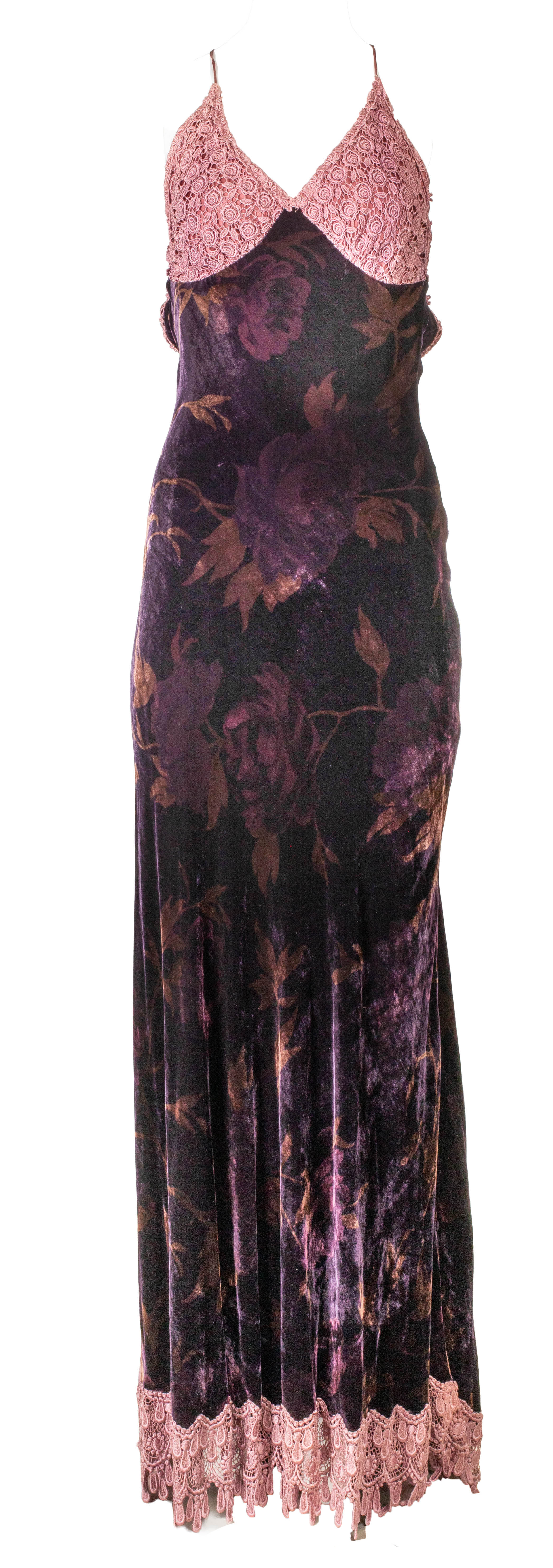 RARE PURPLE HAND PAINTED SILK VELVET & CROCHET DRESS