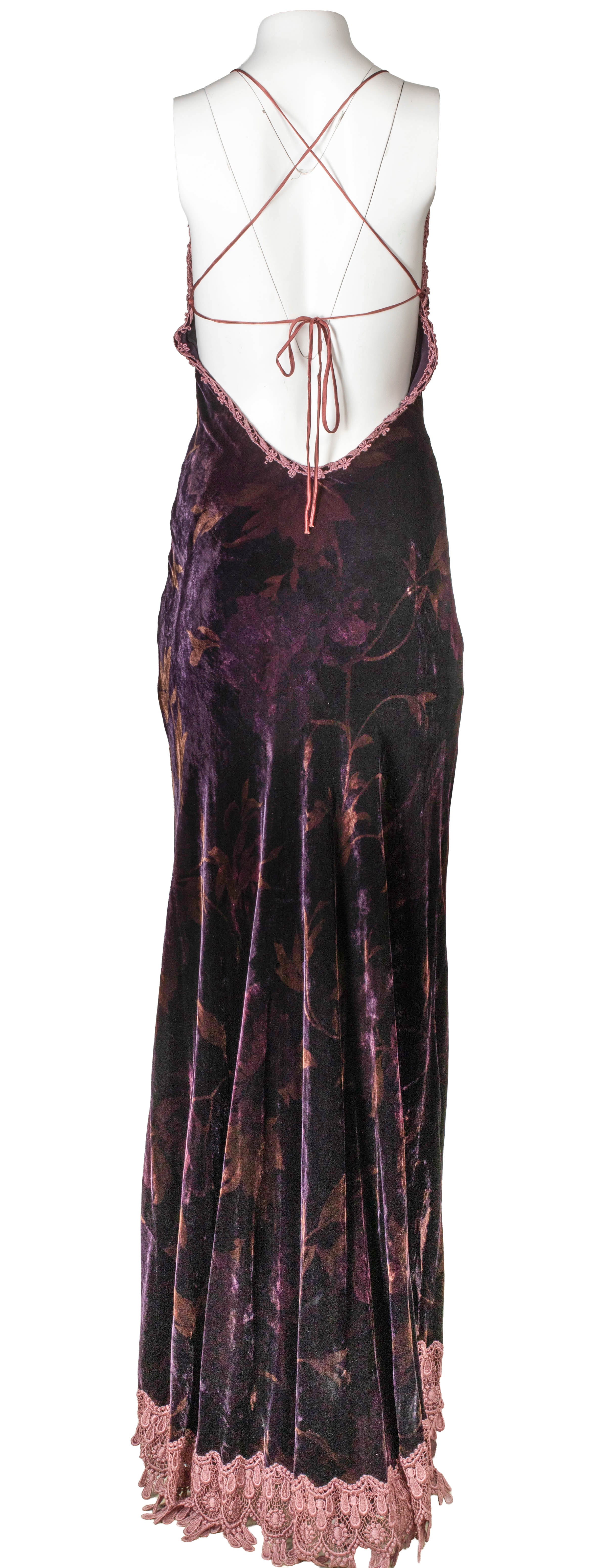 RARE PURPLE HAND PAINTED SILK VELVET & CROCHET DRESS