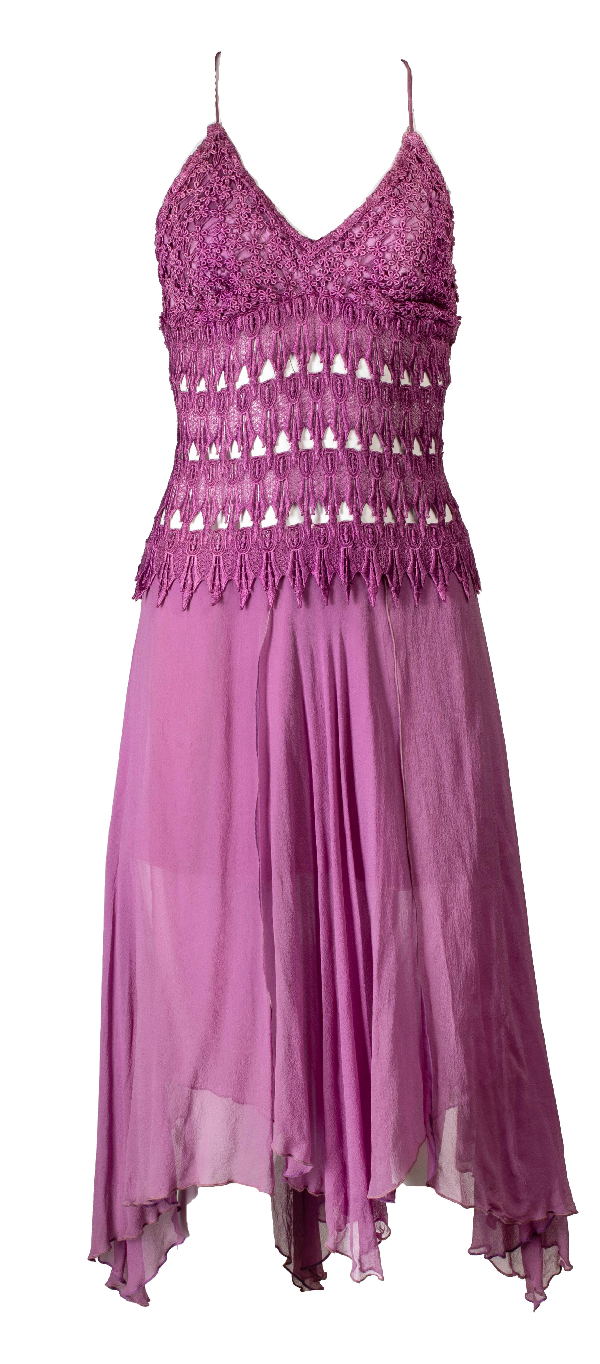 PURPLE SILK & CROCHET MIDI HALTER DRESS