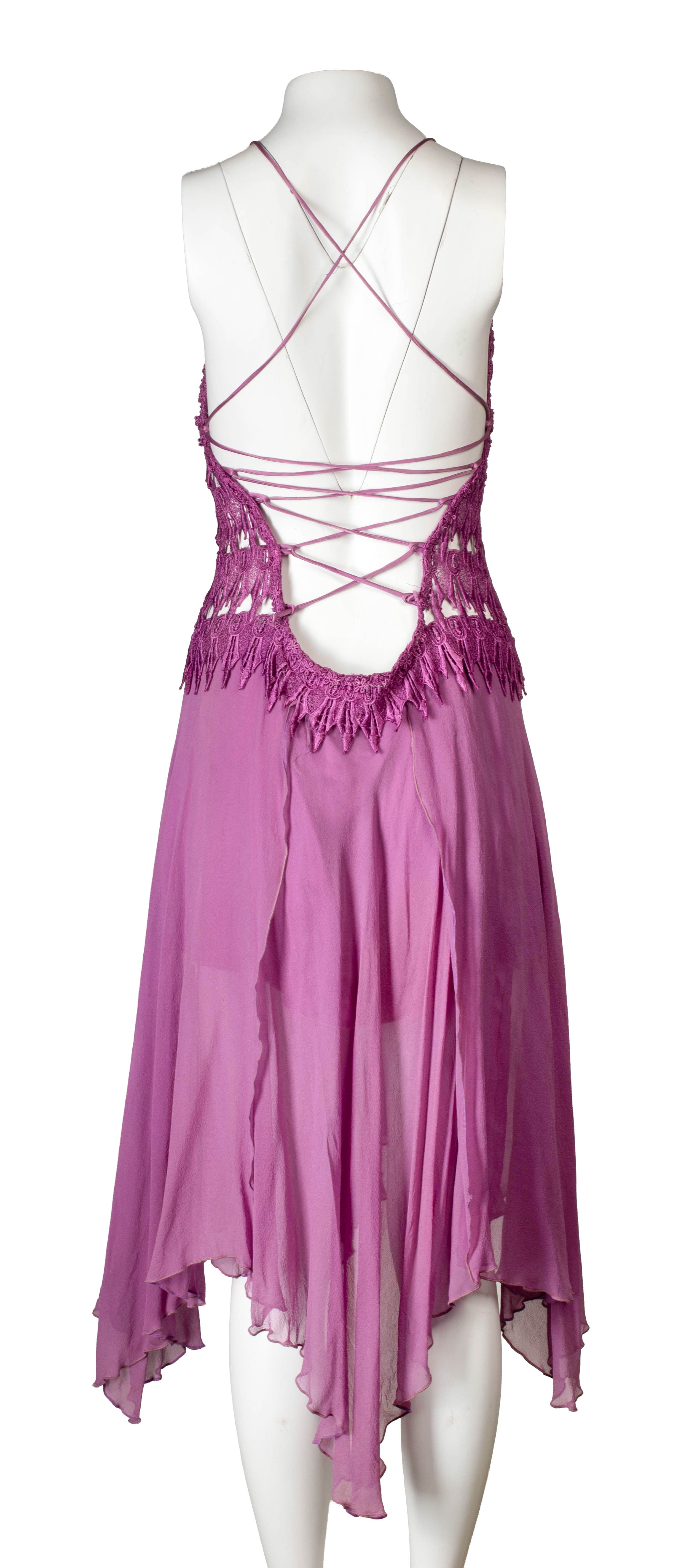 PURPLE SILK & CROCHET MIDI HALTER DRESS