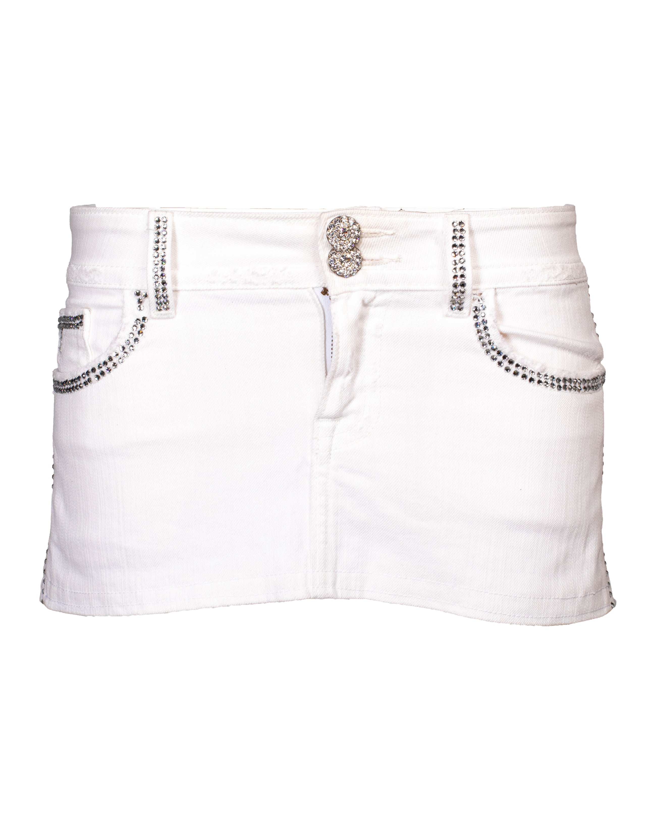 WHITE DENIM MINI SKIRT W RHINESTONE TRIM @JKOVA