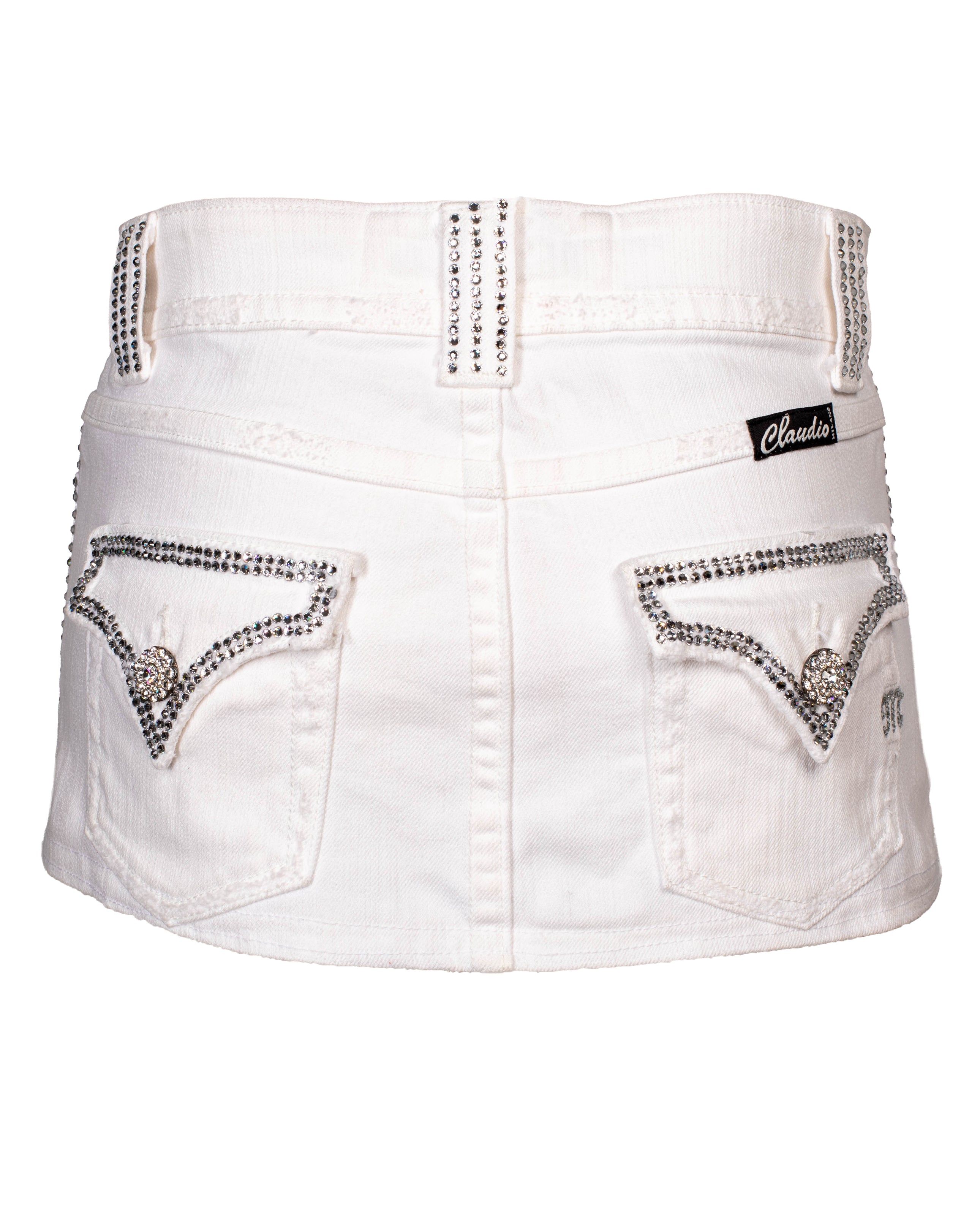WHITE DENIM MINI SKIRT W RHINESTONE TRIM @JKOVA