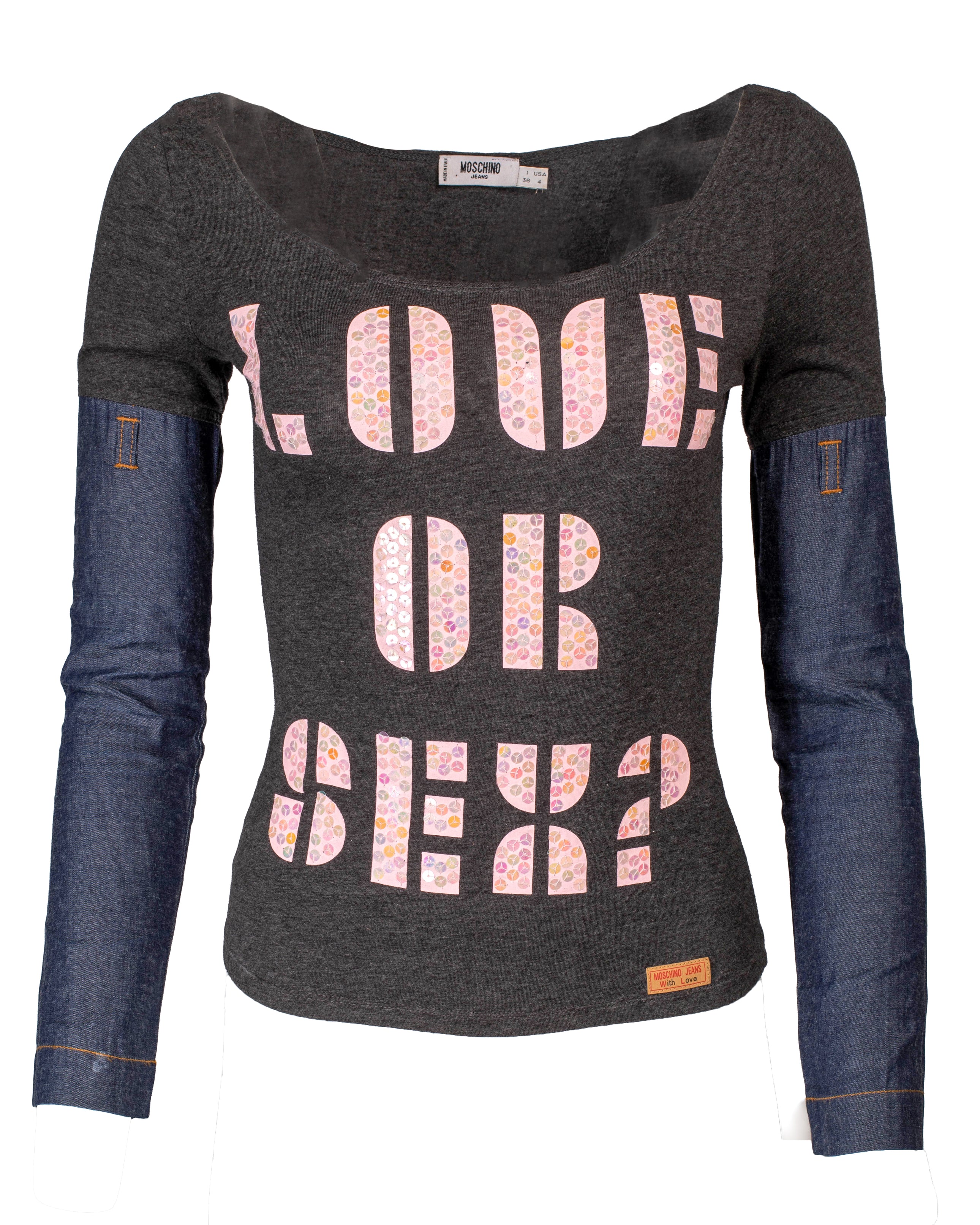 "LOVE OR SEX" DENIM SLEEVE TOP
