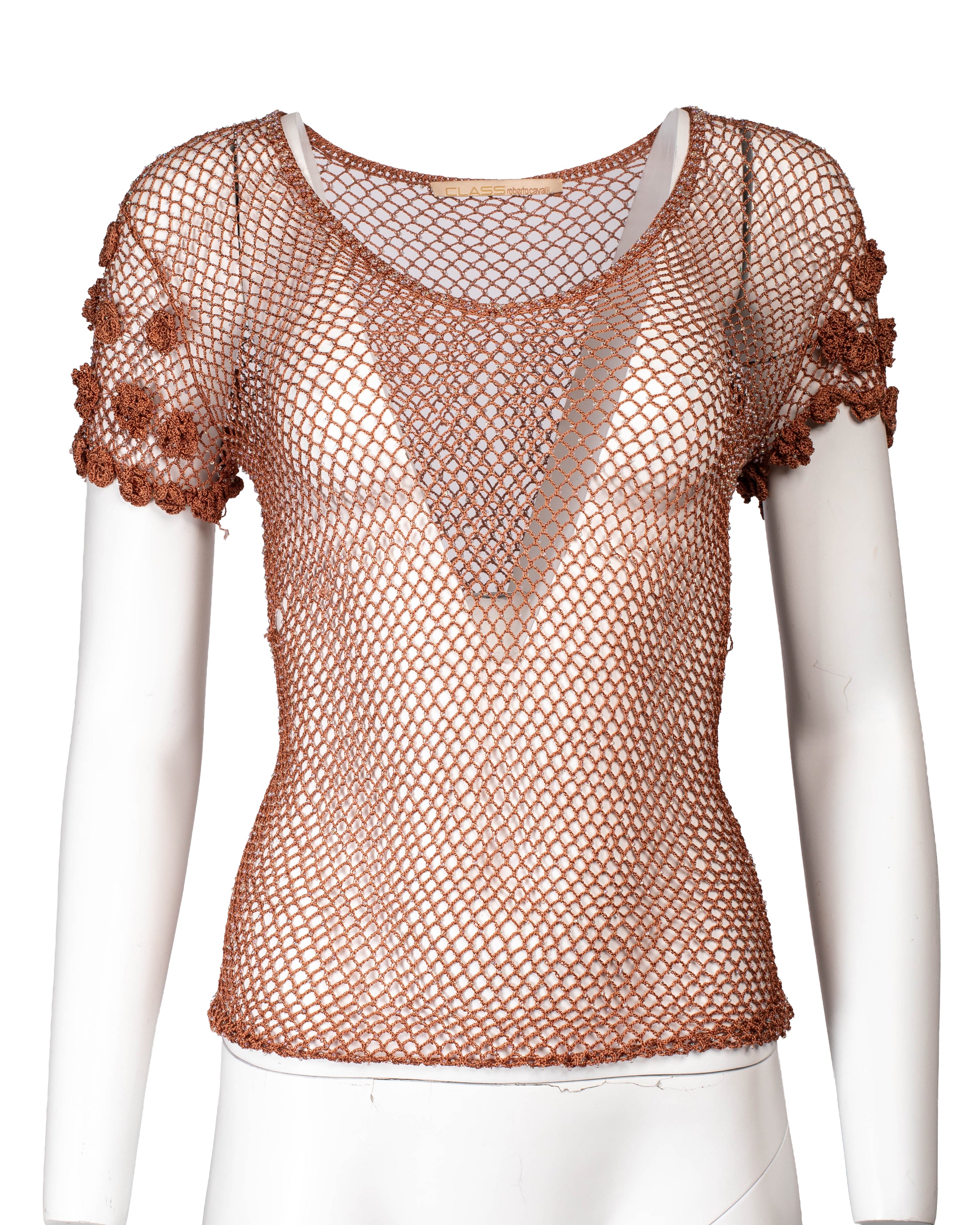 BROWN CROCHET & FLORAL EMBELLISHED TOP