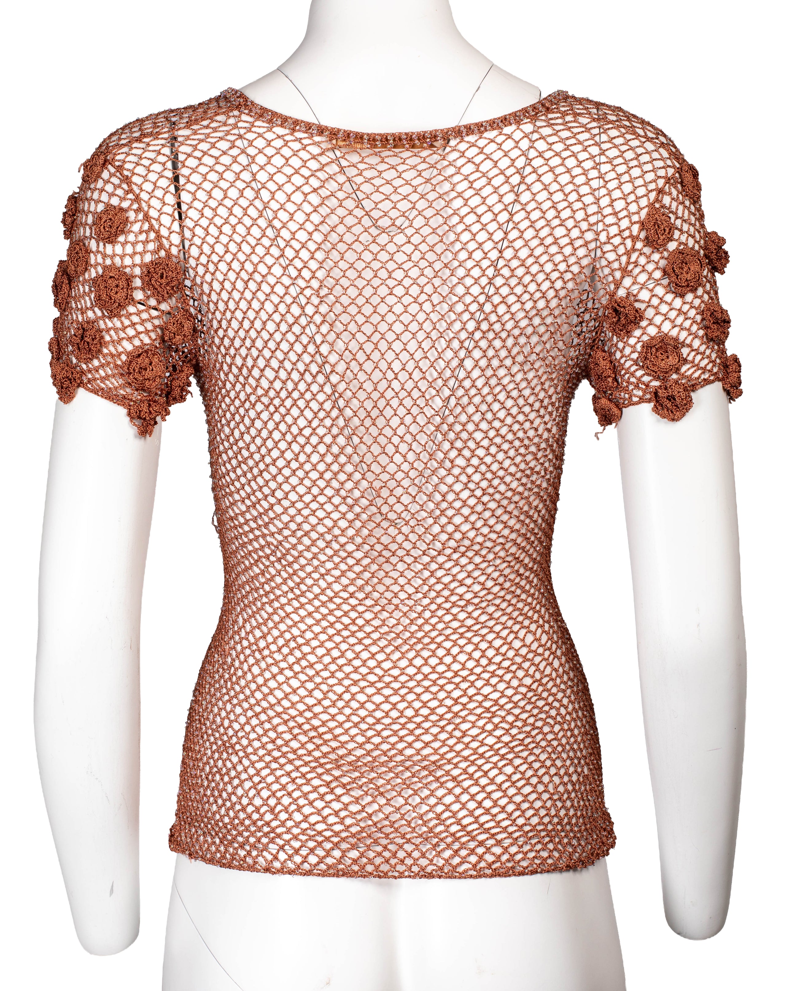 BROWN CROCHET & FLORAL EMBELLISHED TOP