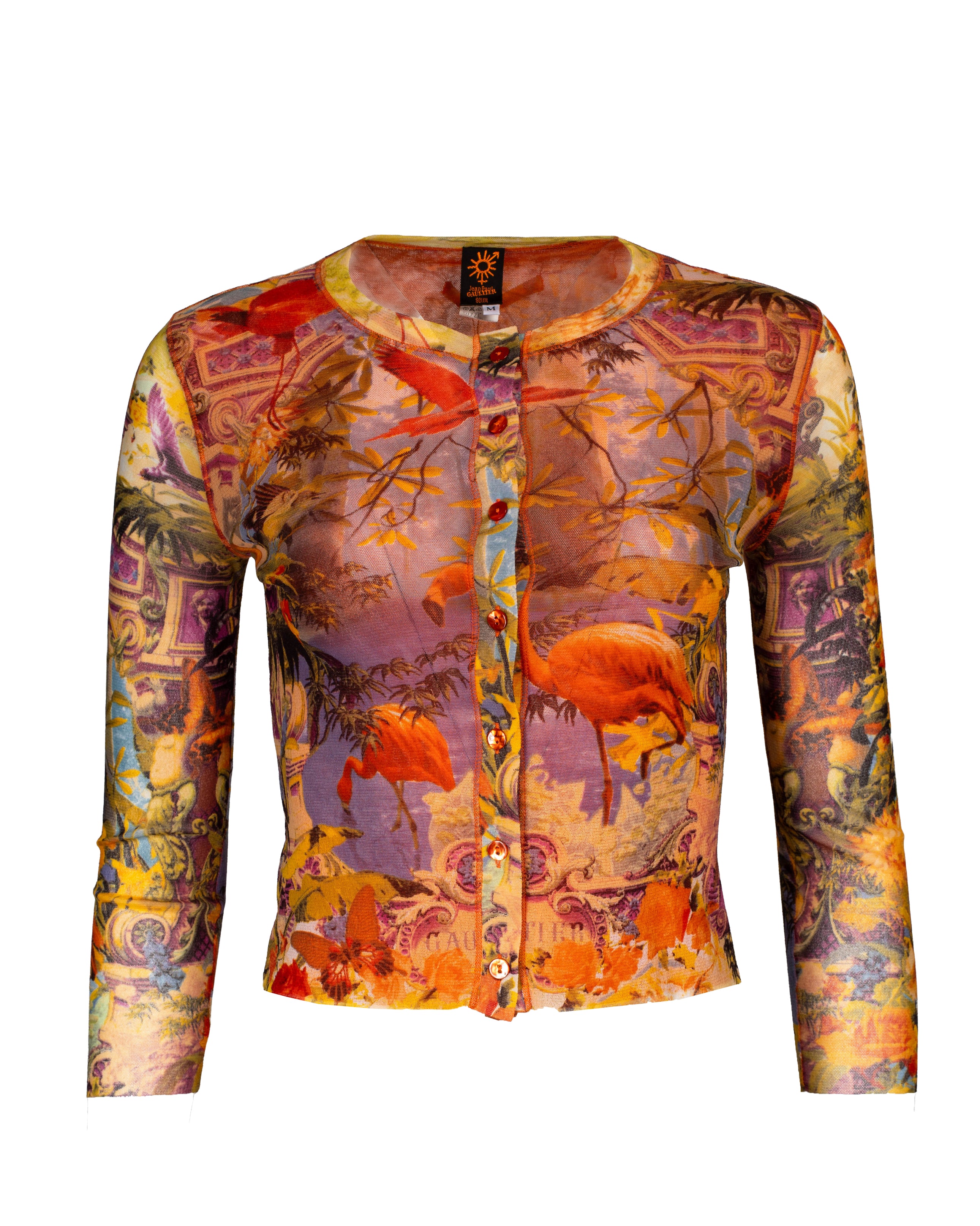 SS1999 FLAMINGO PRINT BUTTON DOWN MESH CARDIGAN