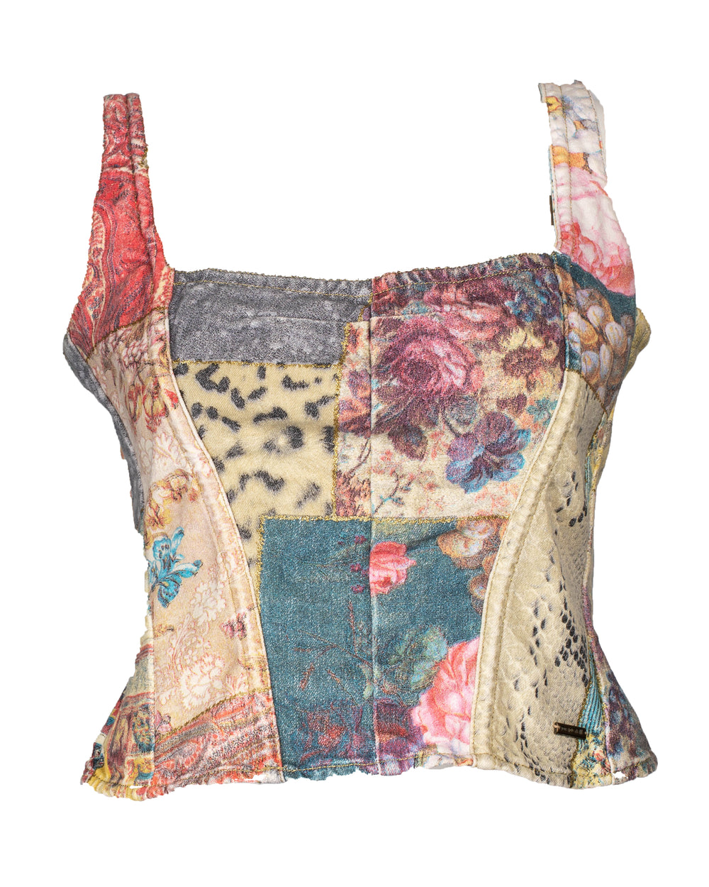 FW02 PATCHWORK PRINTED ZIP UP CORSET TOP