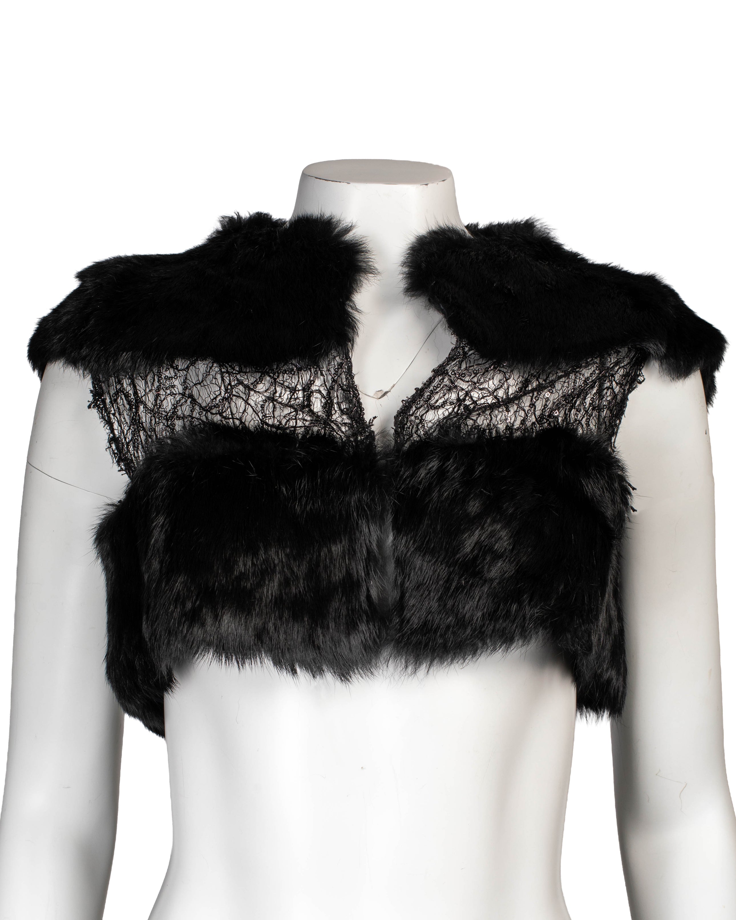 BLACK RABBIT FUR & LACE CROPPED VEST