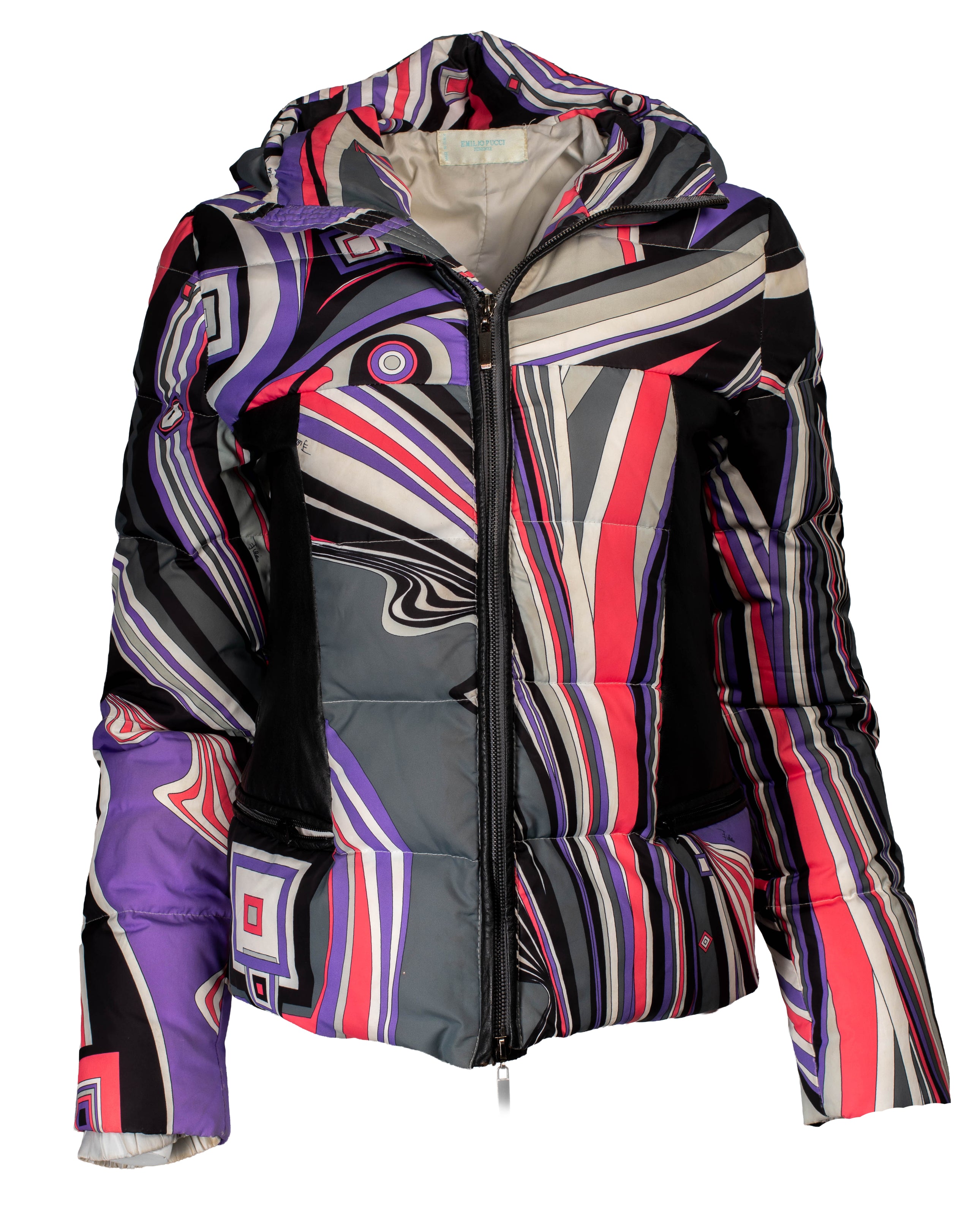 PRINTED PUFFER JACKET W LEATHER PANELS