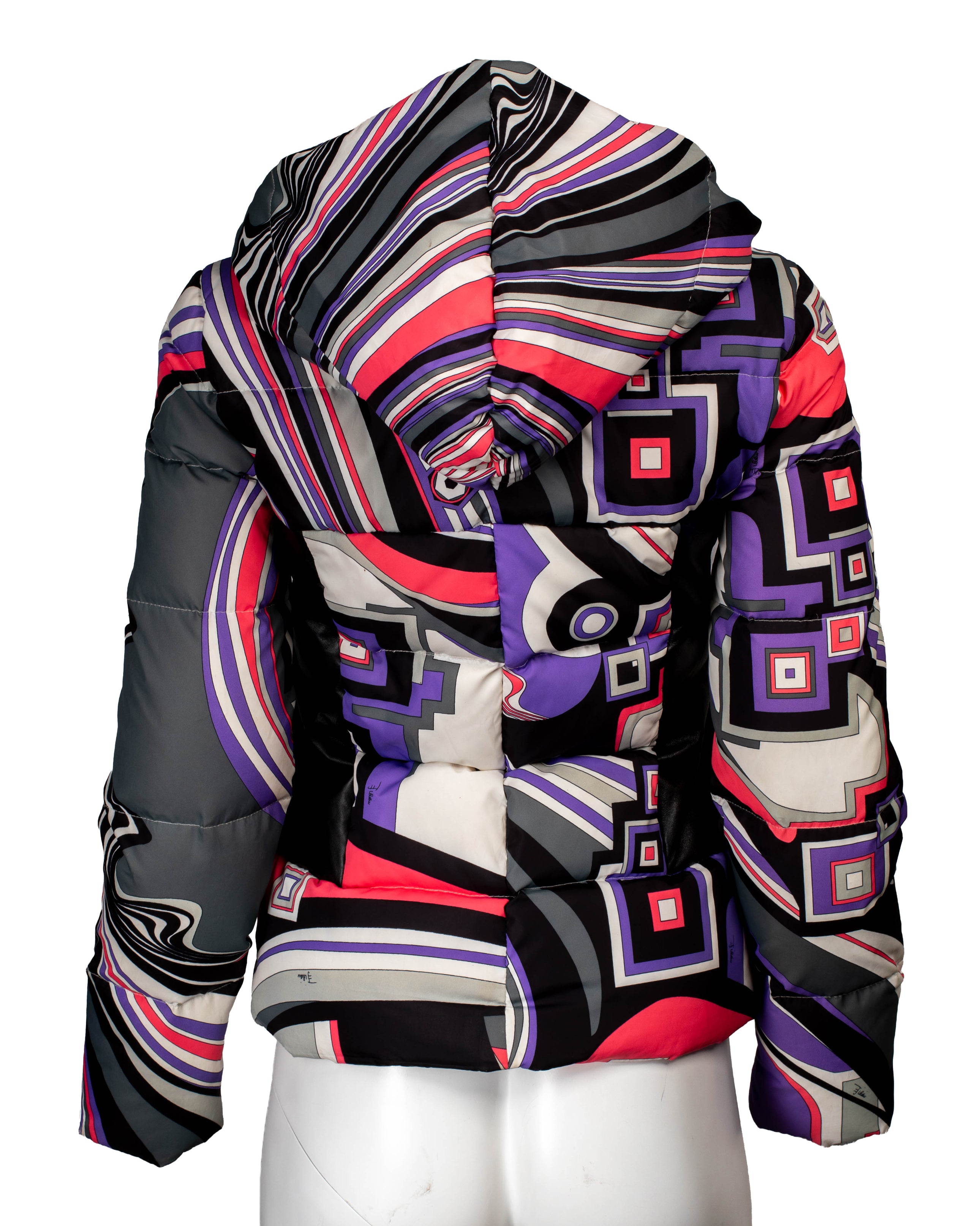 PRINTED PUFFER JACKET W LEATHER PANELS