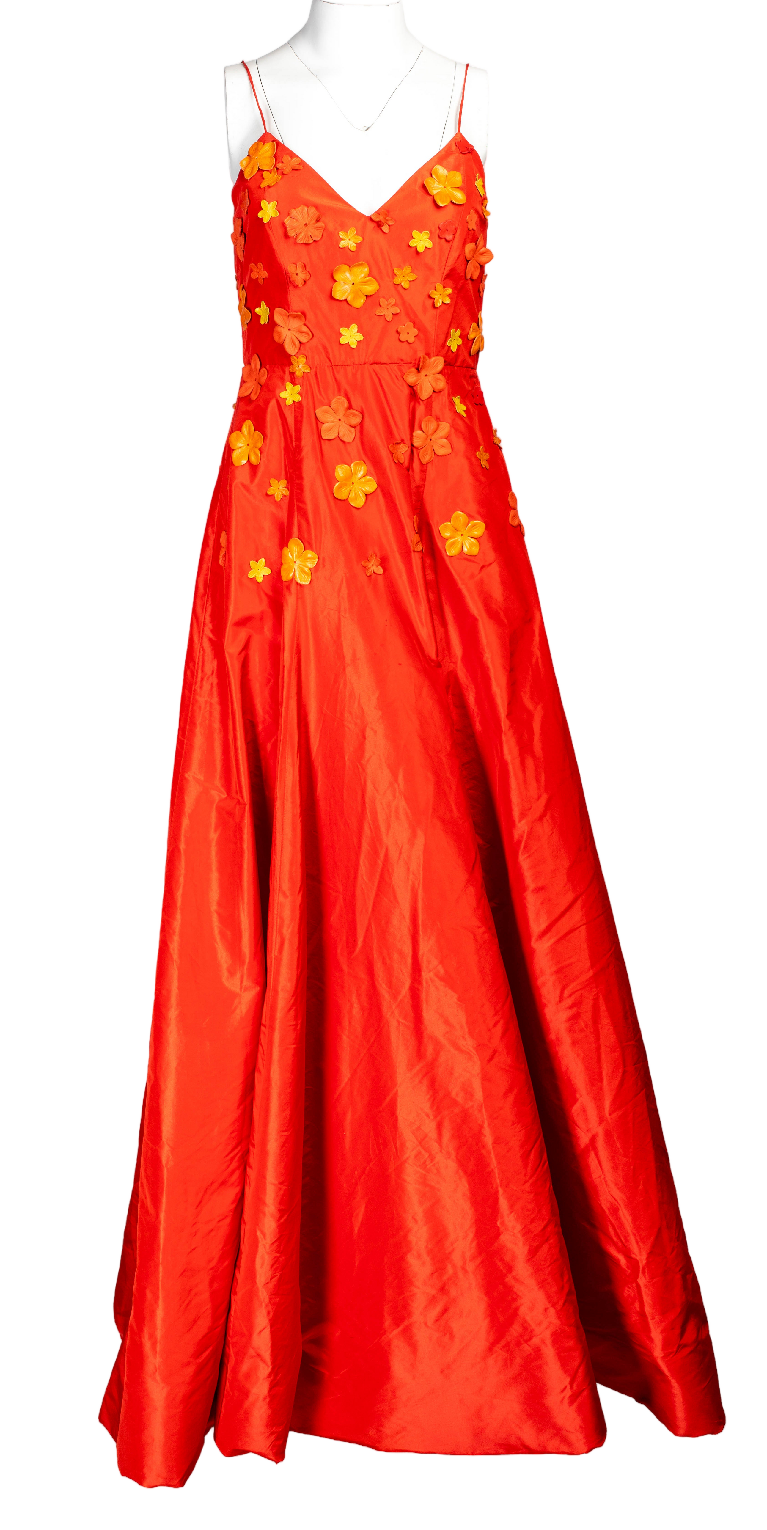 90S ORANGE PUFFY MAXI DRESS W LEATHER FLORAL DETAILS