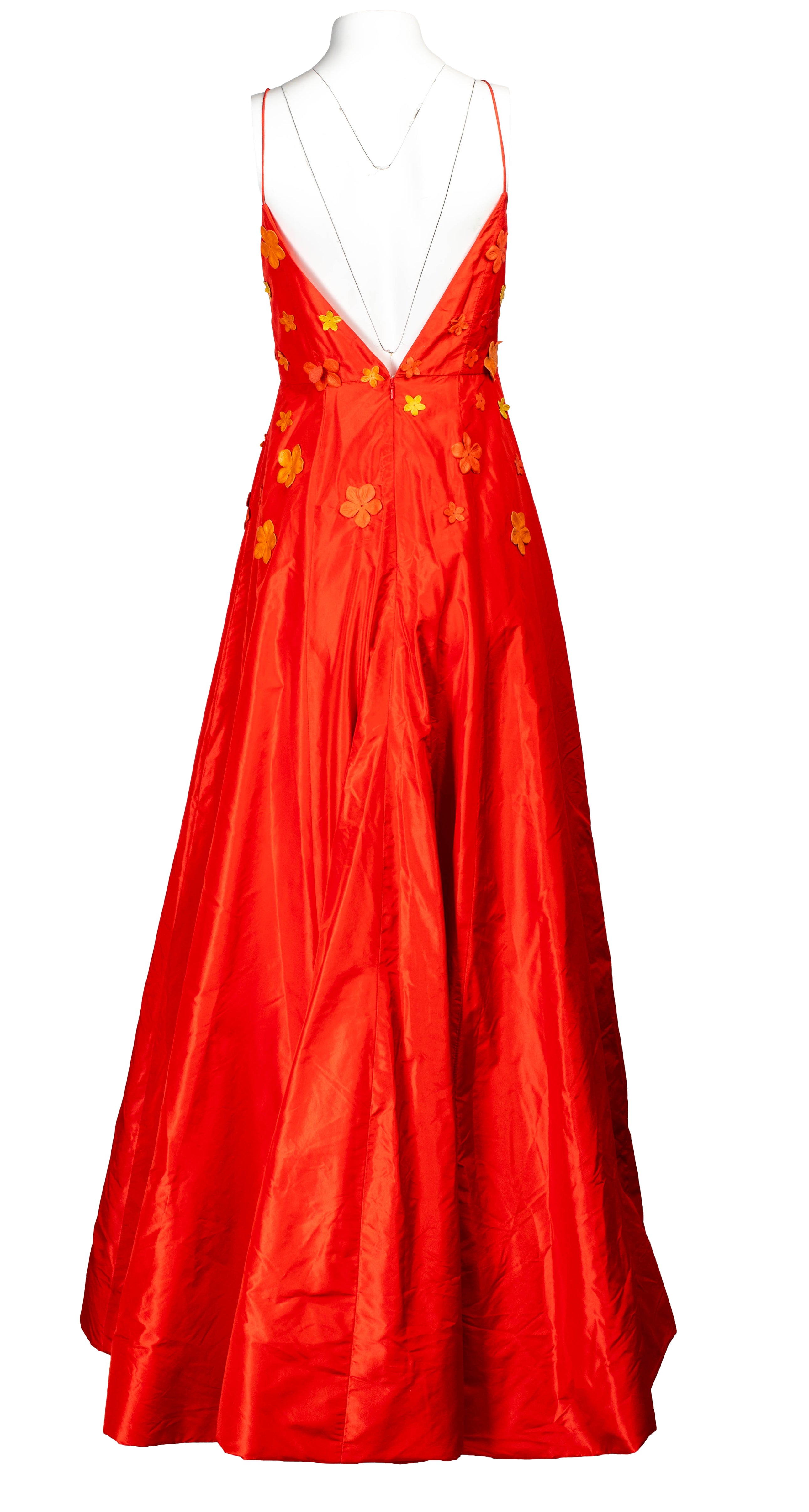 90S ORANGE PUFFY MAXI DRESS W LEATHER FLORAL DETAILS