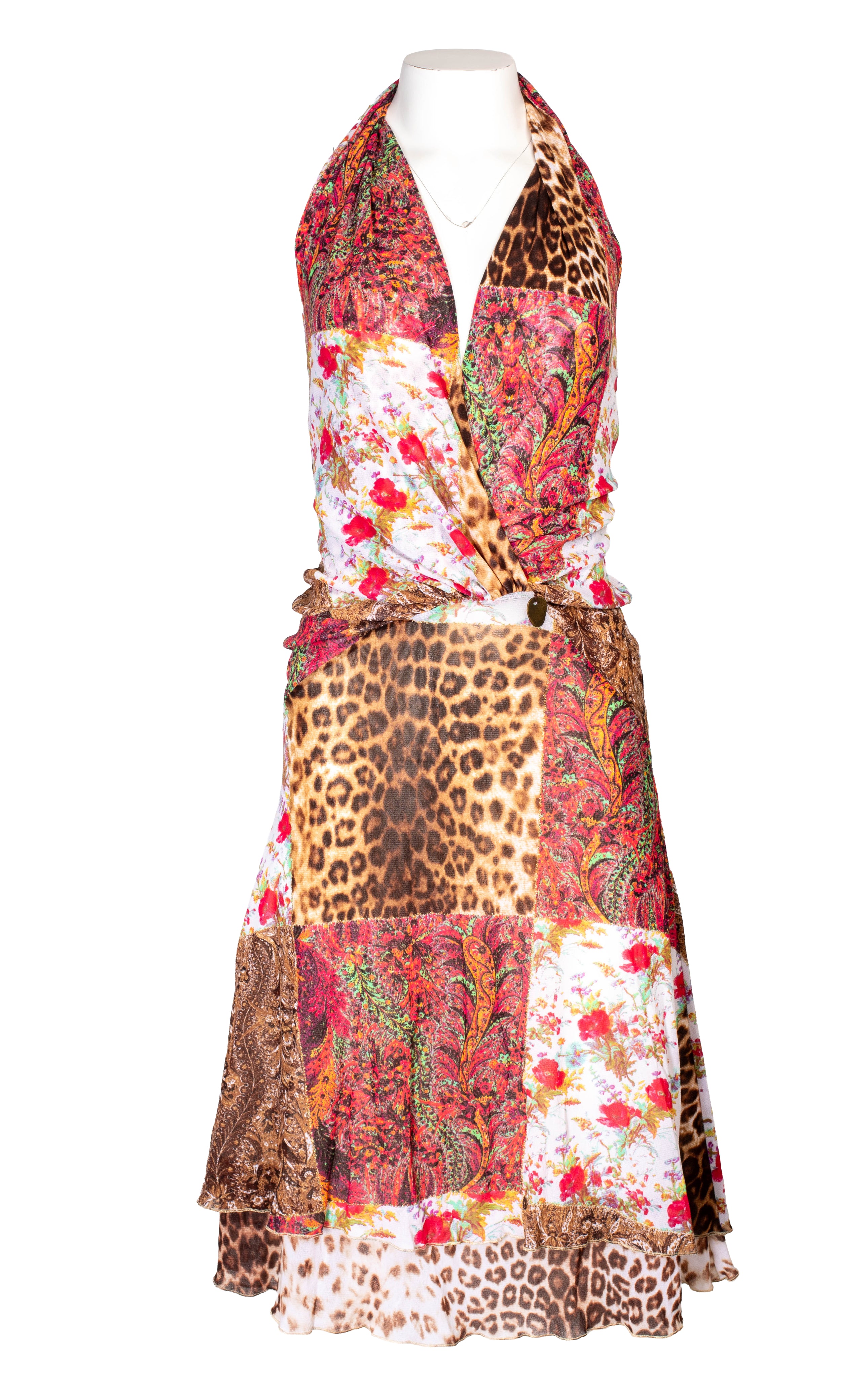 MESH PAISLEY PATCHWORK PRINTED HALTER MIDI DRESS