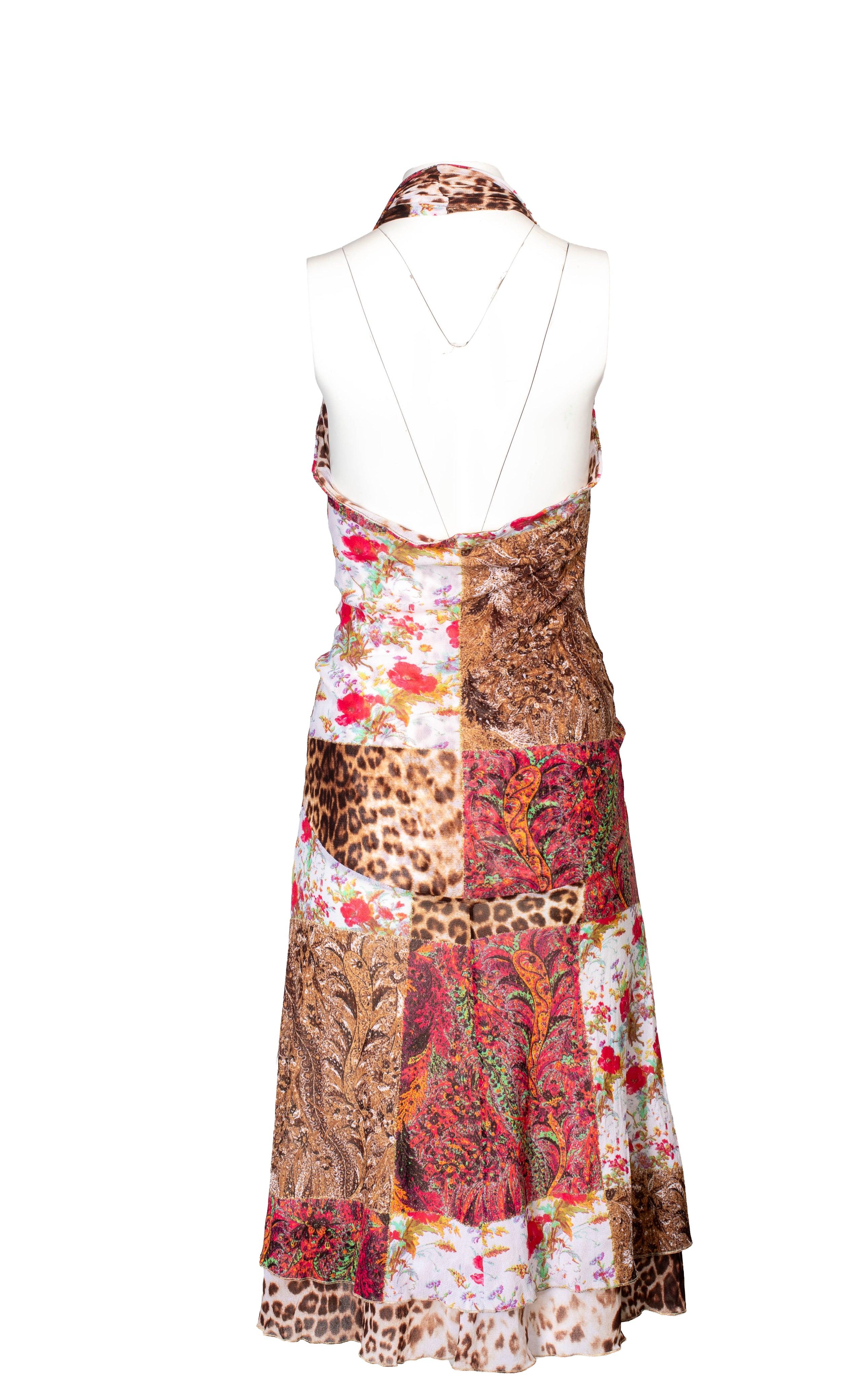 MESH PAISLEY PATCHWORK PRINTED HALTER MIDI DRESS