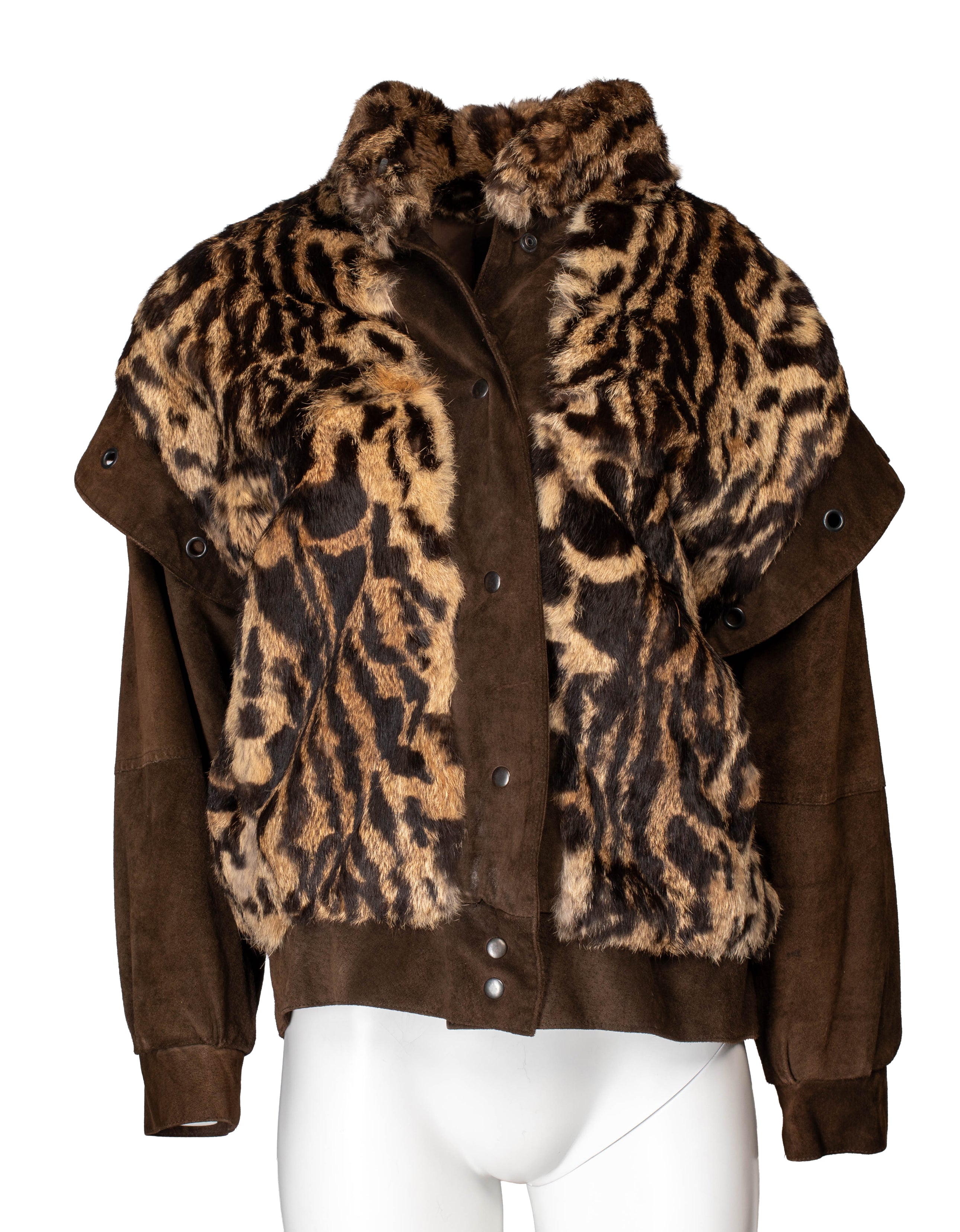 VINTAGE SUEDE AND LEOPARD PRINTED RABBIT FUR BOMBER
