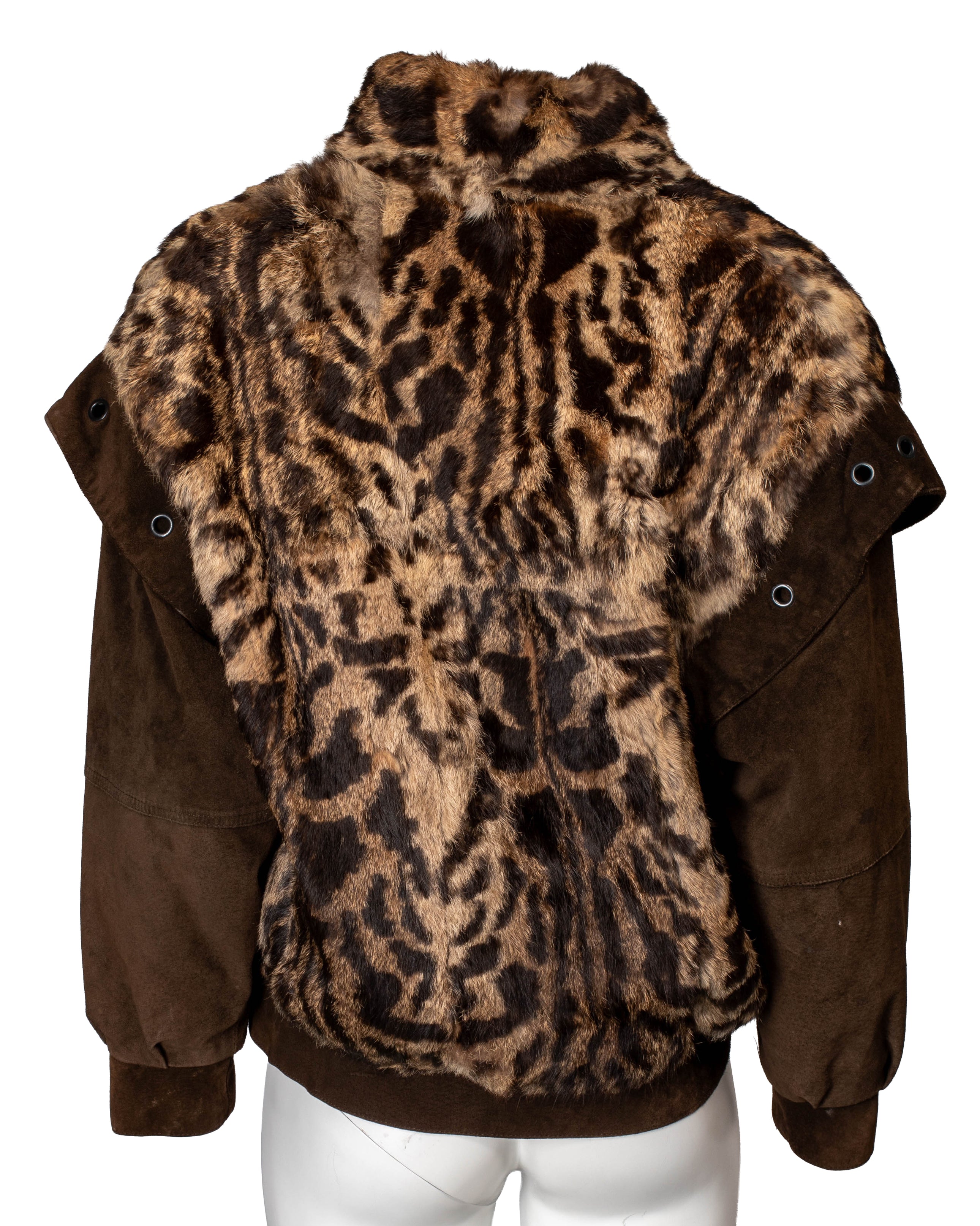 VINTAGE SUEDE AND LEOPARD PRINTED RABBIT FUR BOMBER