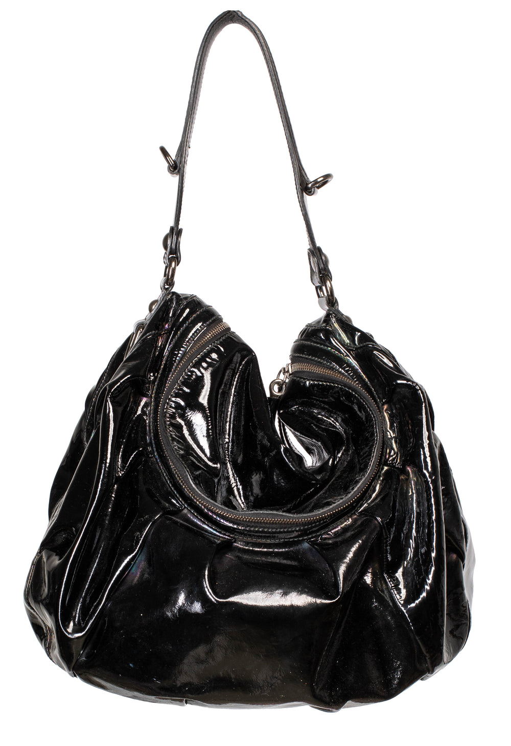 IRIDESCENT BLACK PATENT LEATHER ICON BIT HOBO BAG