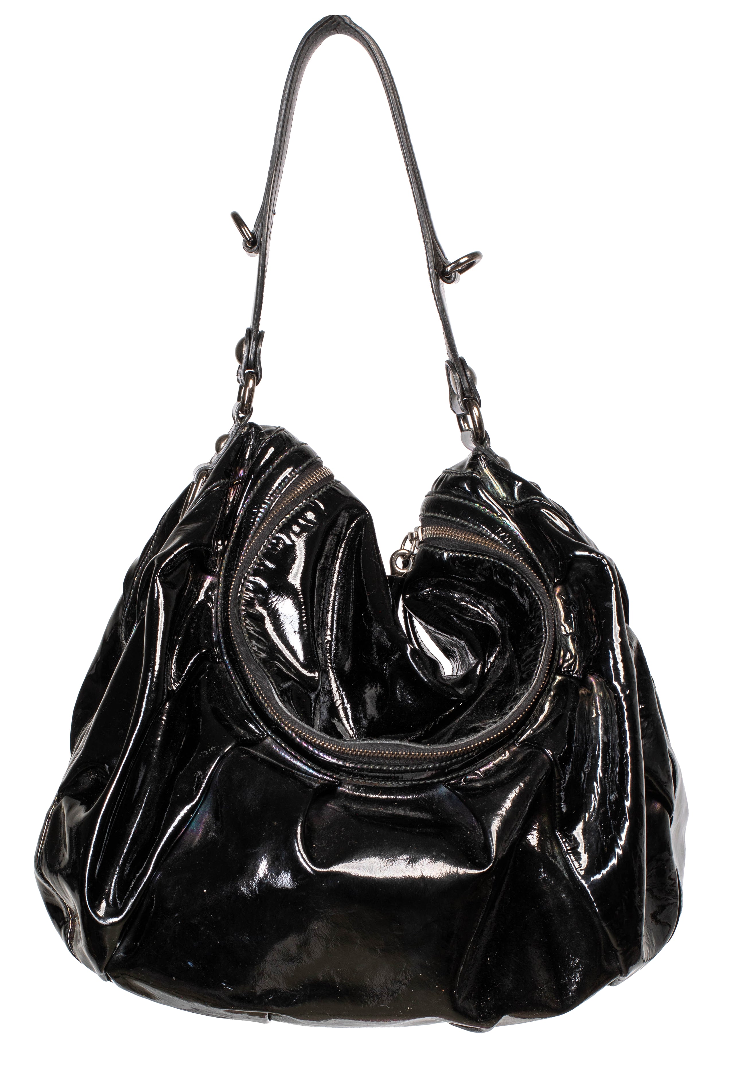 IRIDESCENT BLACK PATENT LEATHER ICON BIT HOBO BAG