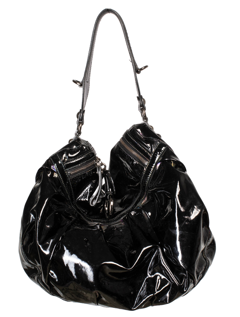 IRIDESCENT BLACK PATENT LEATHER ICON BIT HOBO BAG