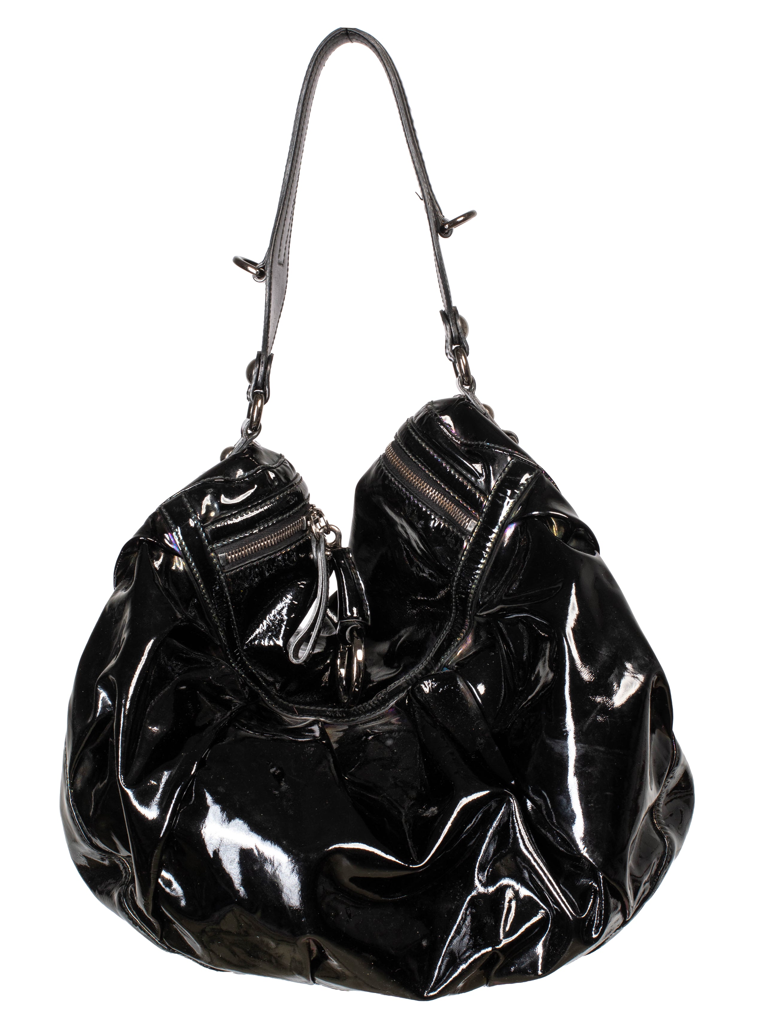 IRIDESCENT BLACK PATENT LEATHER ICON BIT HOBO BAG
