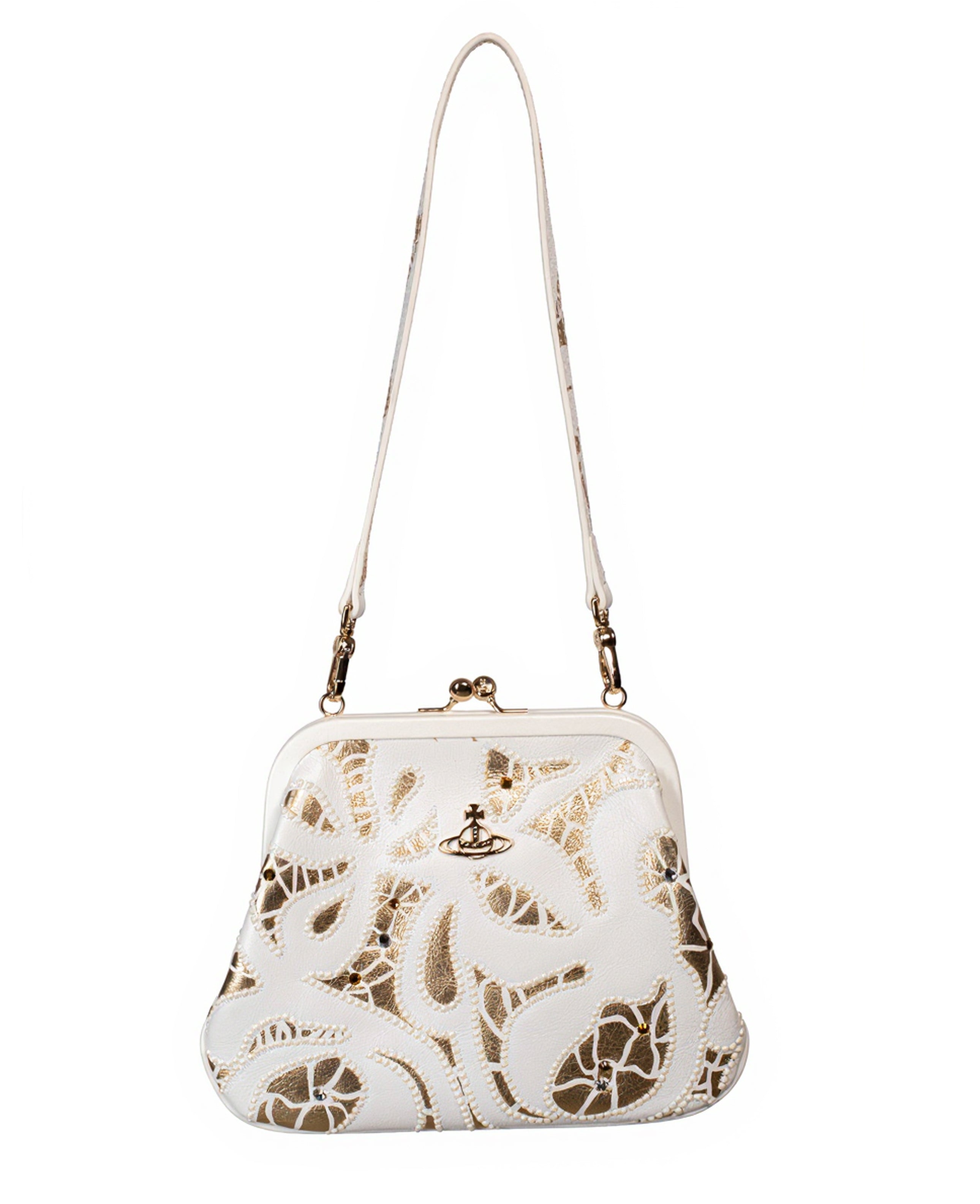WHITE LEATHER/GOLD FOIL EMBELLISHED SHOULDER BAG