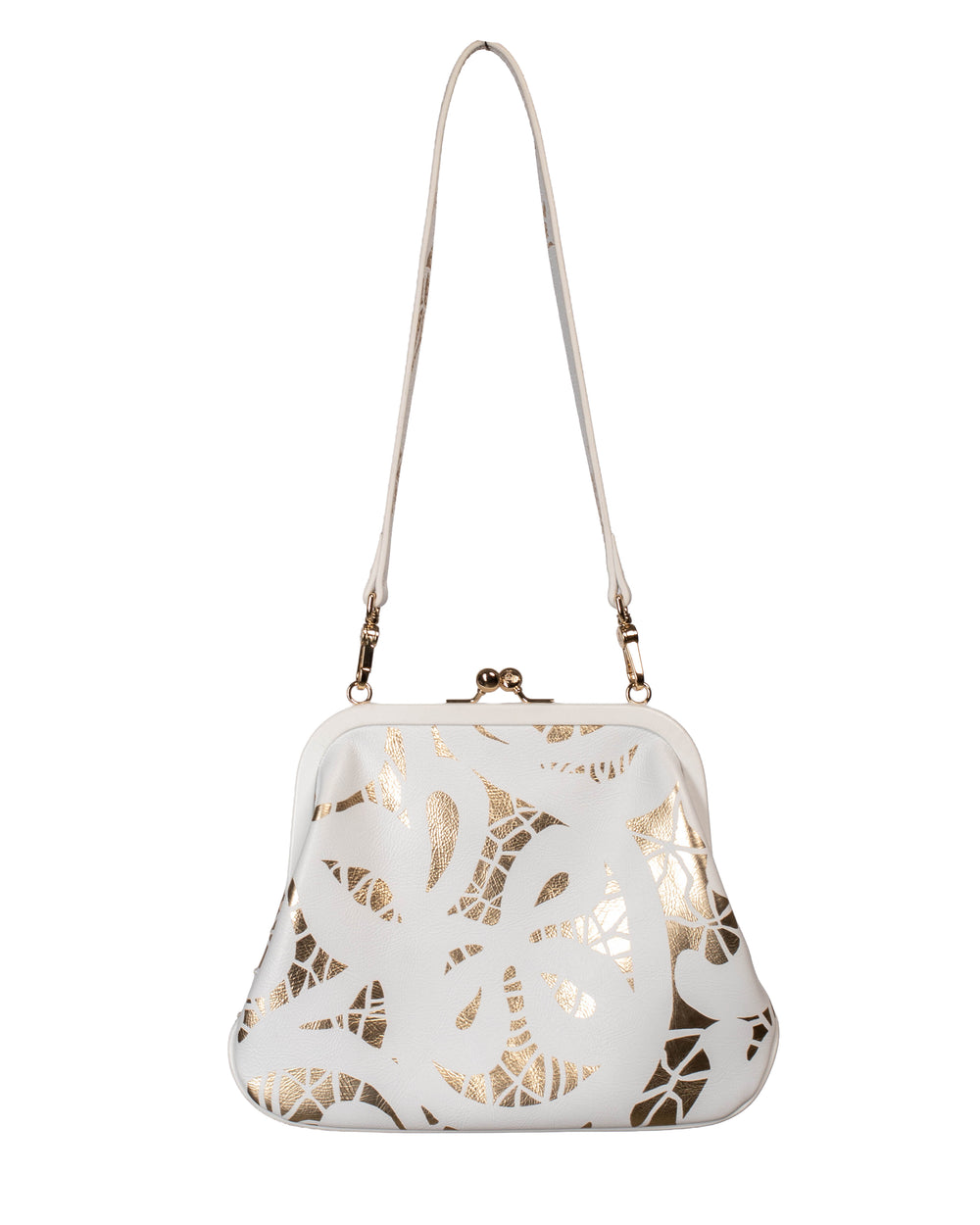 WHITE LEATHER/GOLD FOIL EMBELLISHED SHOULDER BAG
