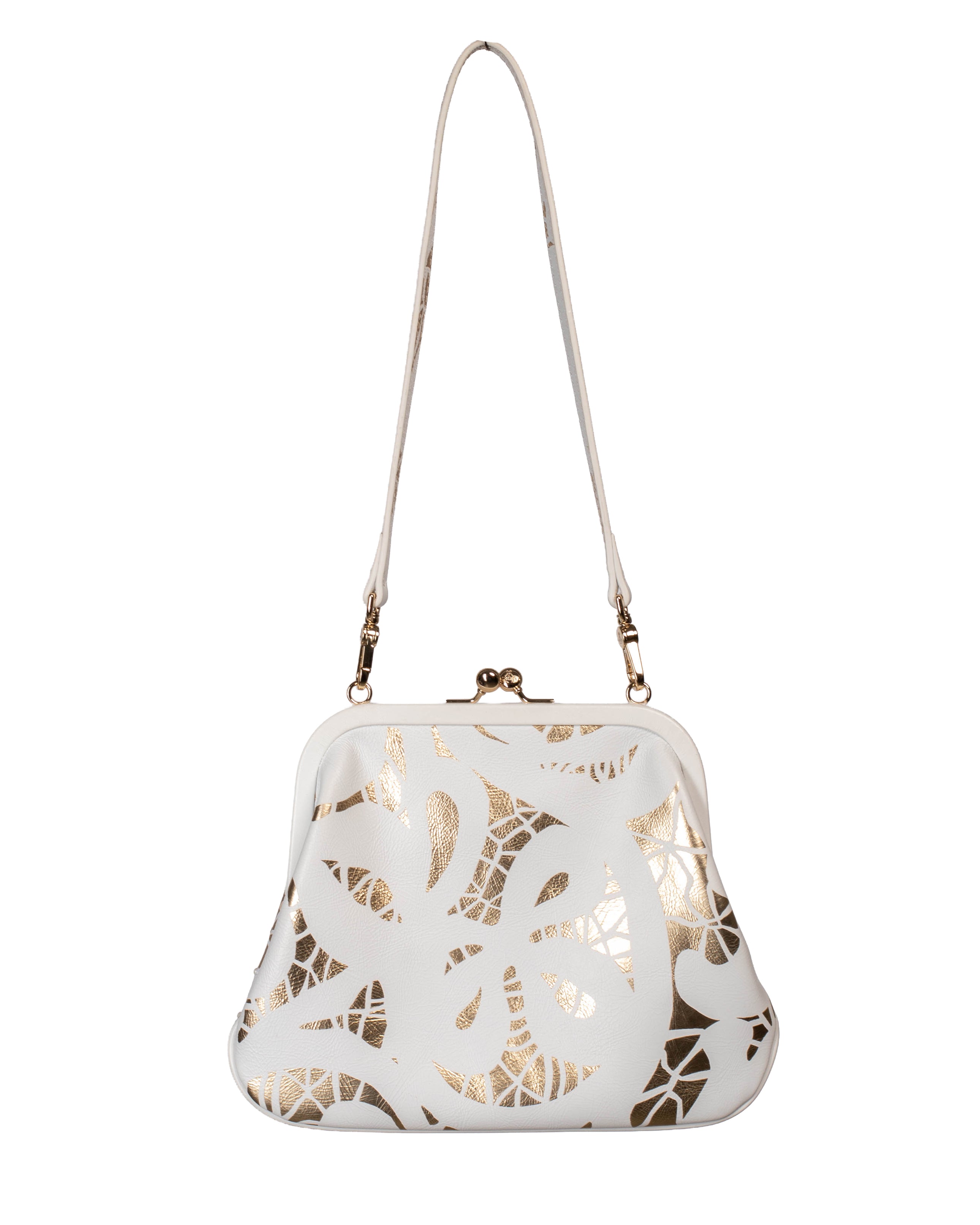 WHITE LEATHER/GOLD FOIL EMBELLISHED SHOULDER BAG