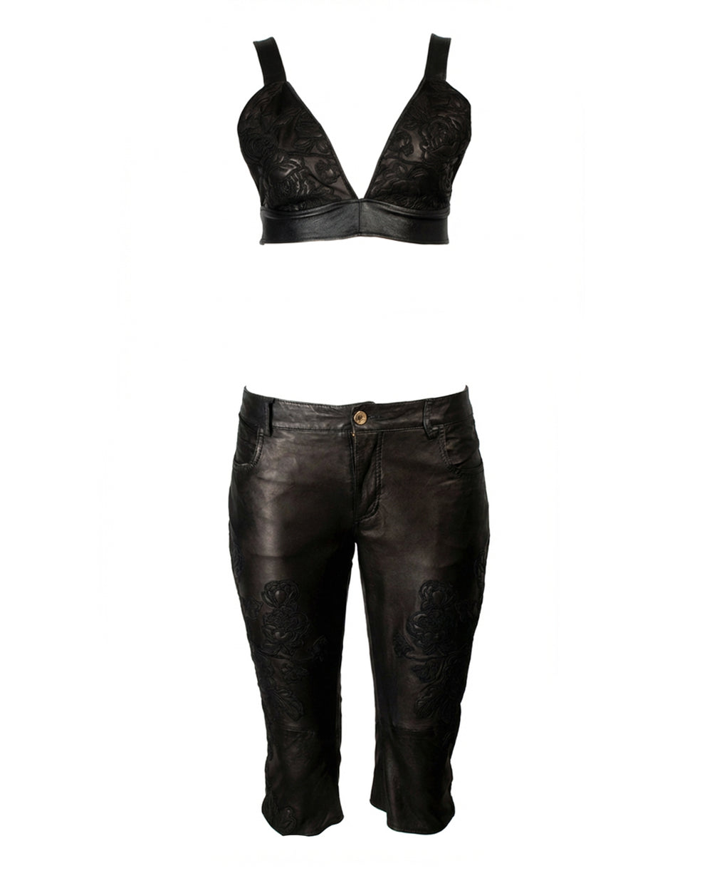 BLACK LEATHER EMBROIDERED CAPRI/TOP SET @RAD