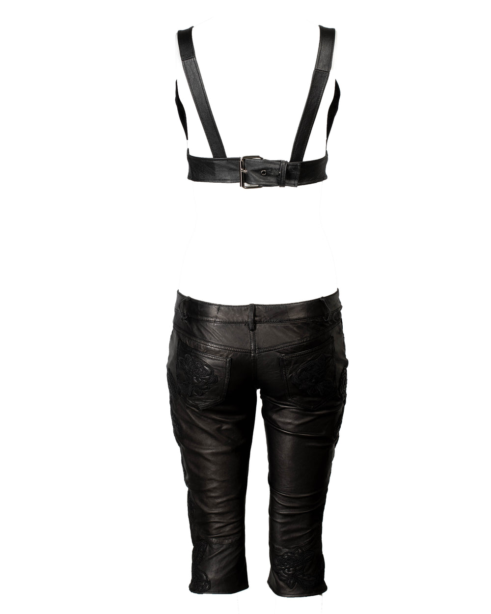BLACK LEATHER EMBROIDERED CAPRI/TOP SET @RAD