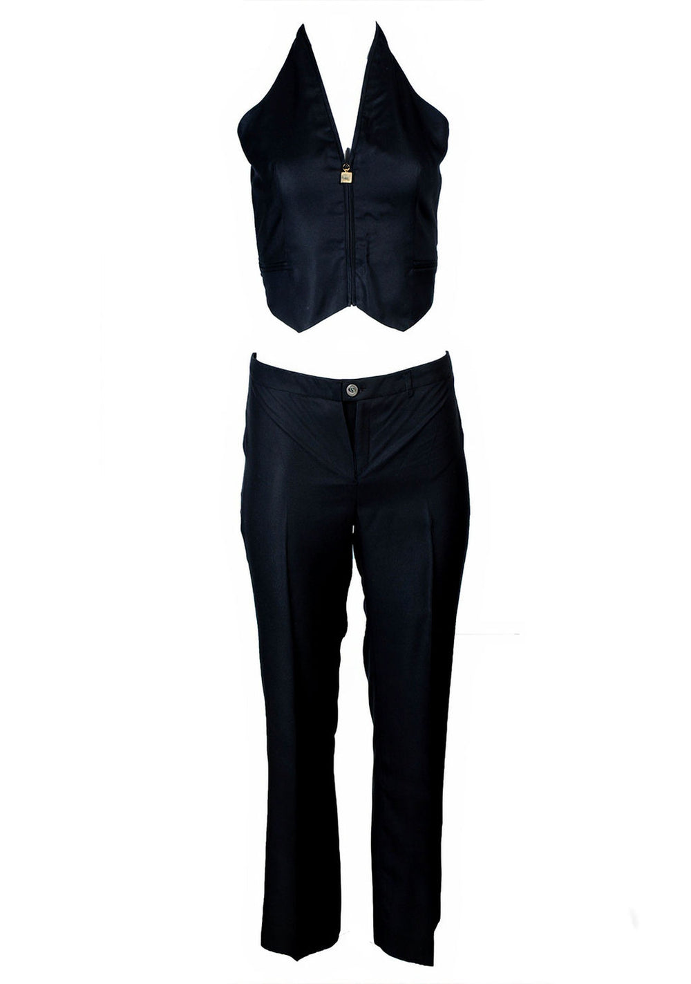 90s BLACK SILK HALTER TOP & TROUSERS SET