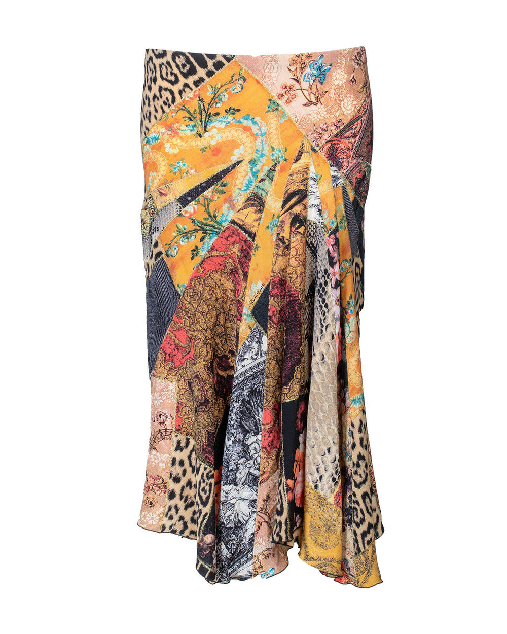 MULTICOLOR DENIM/ANIMAL PRINT SILK MIDI SKIRT