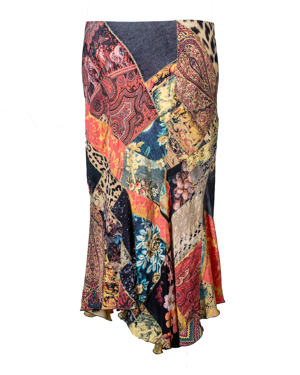 MULTICOLOR DENIM/ANIMAL PRINT SILK MIDI SKIRT