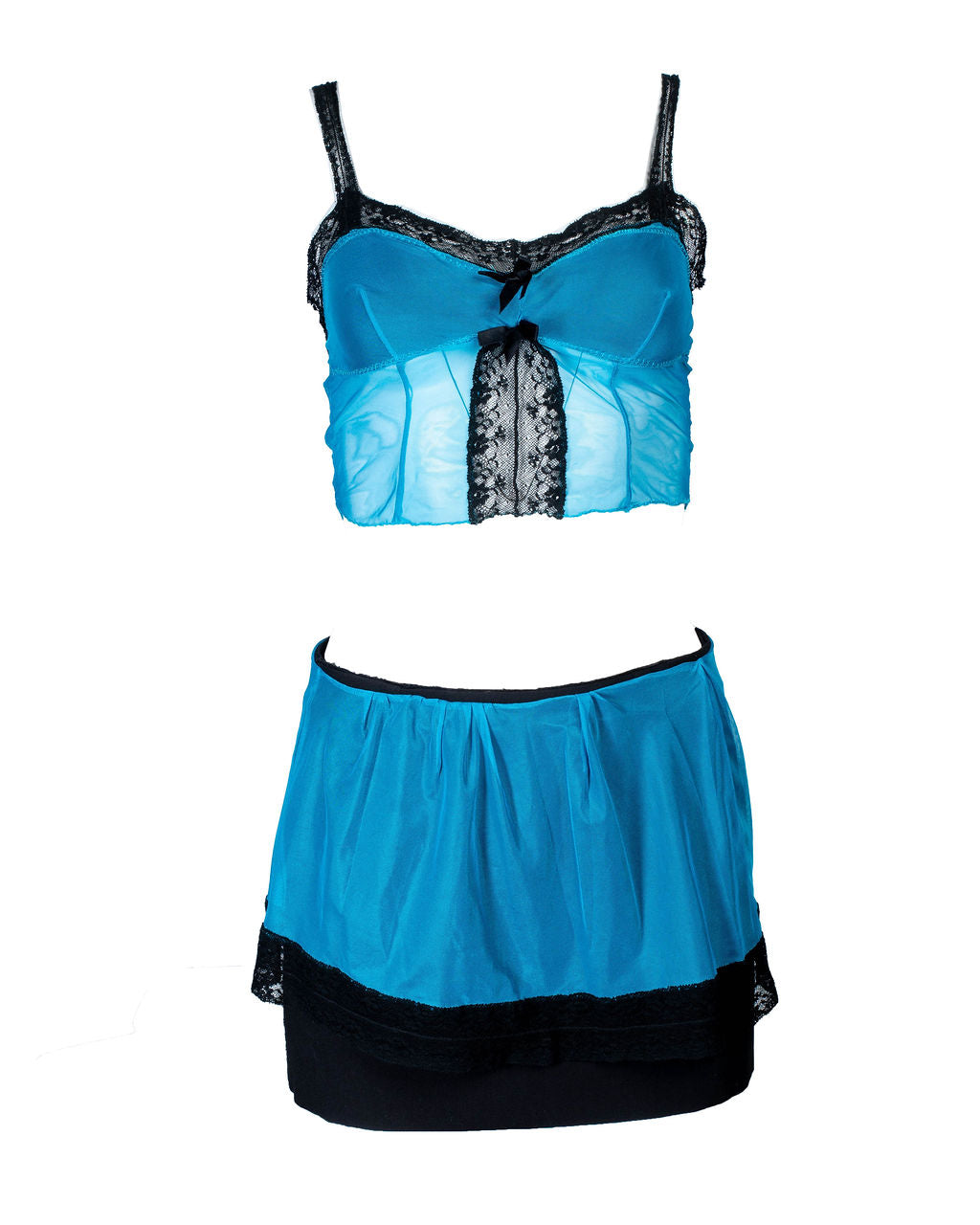 CUSTOM ULV BLACK & BLUE MESH W LACE TRIM TOP/SKIRT SET