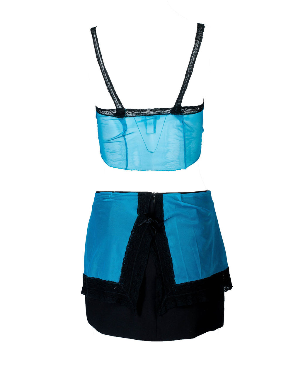 CUSTOM ULV BLACK & BLUE MESH W LACE TRIM TOP/SKIRT SET