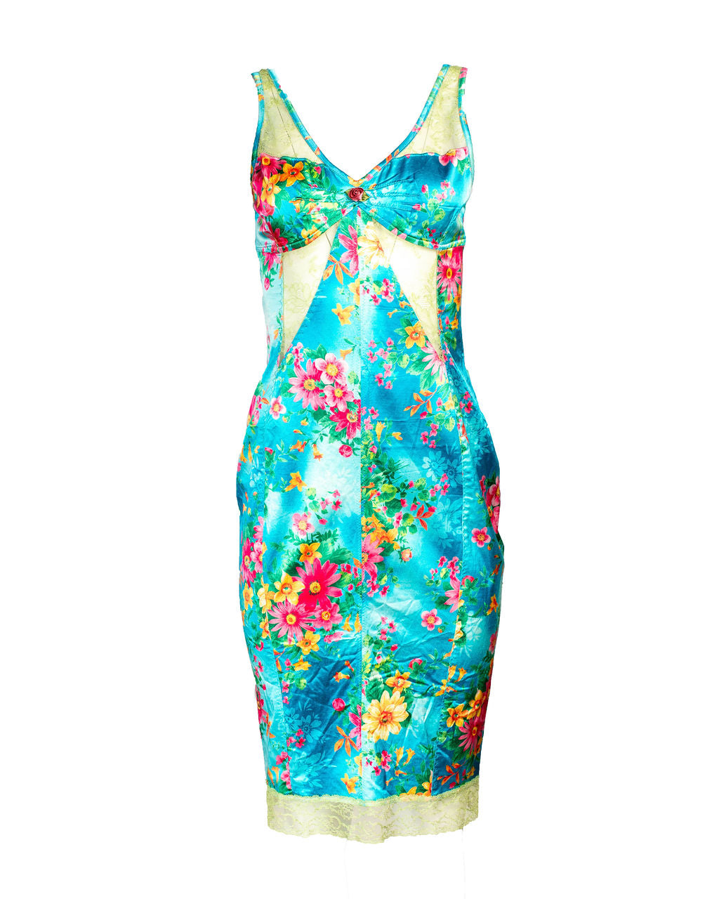 2005 FLORAL BLUE BODYCON DRESS W/ LACE DETAILS